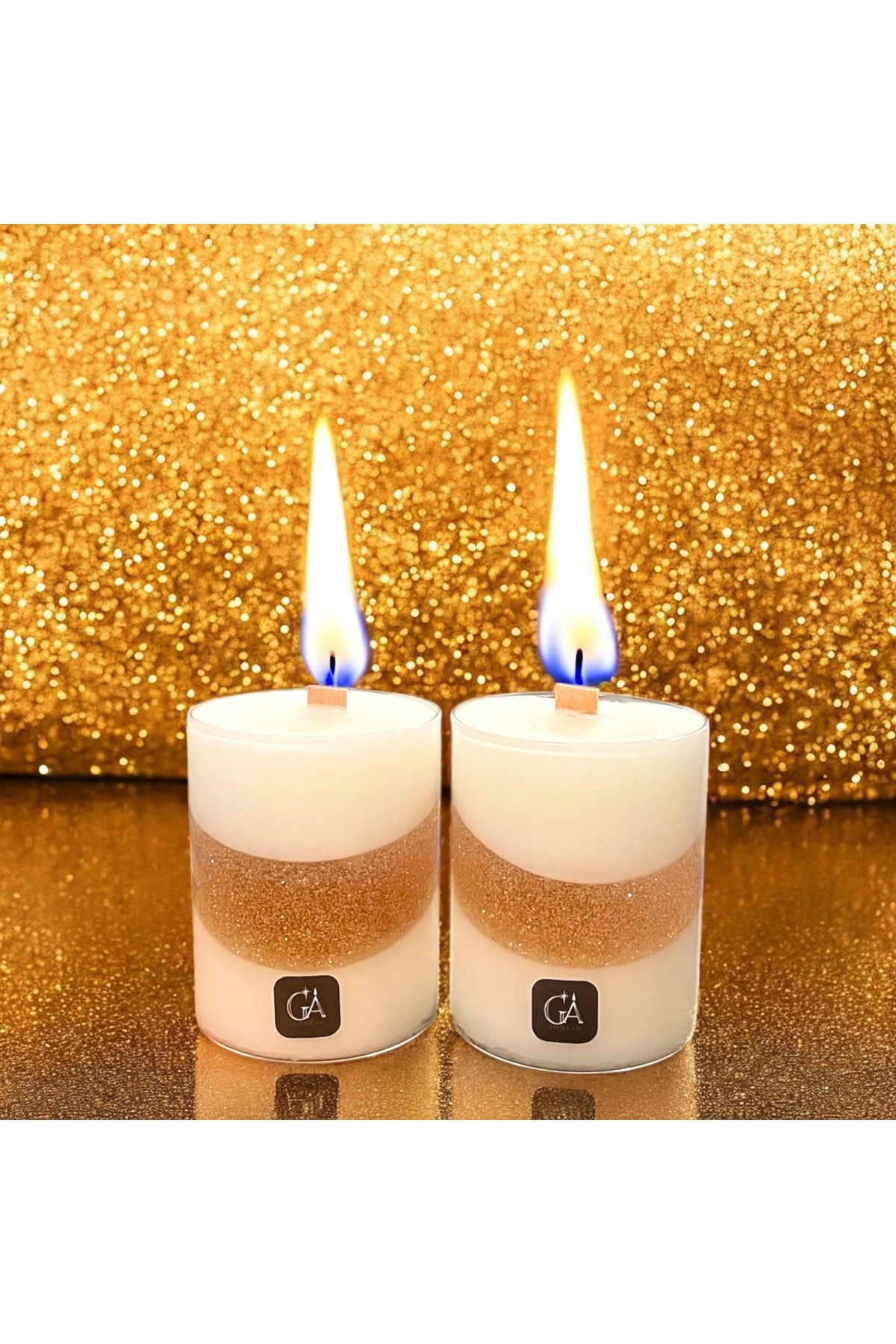 GLİTTER ART Altın Serisi (Golden Glow) Amber Kokulu El yapımı Soya Mum Ahşap Fitilli Lüks cam 2'li Soyawax