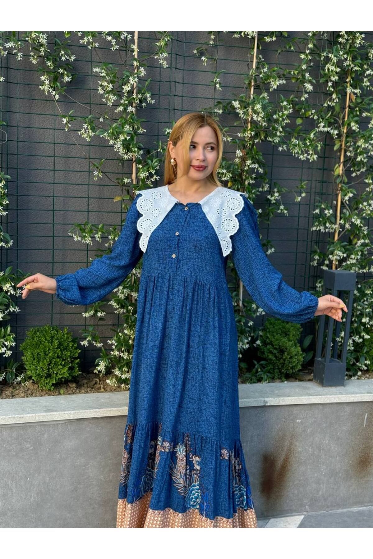 Castivo Fashion Büyük Dantel Yaka Desenli Uzun Elbise