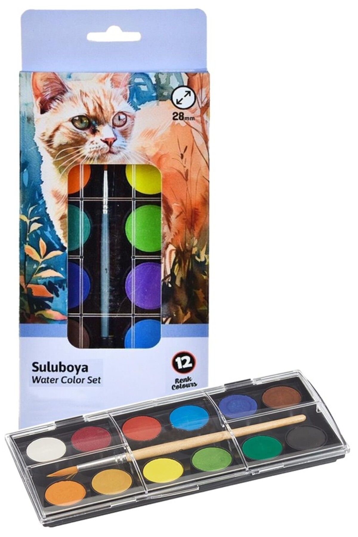Artlantis 12 Renk Sulu Boya 1 Paket Fırça Hediyeli 12 li Suluboya Canlı Renkler 28 mm Boya Çapı Büyük Boy Nova