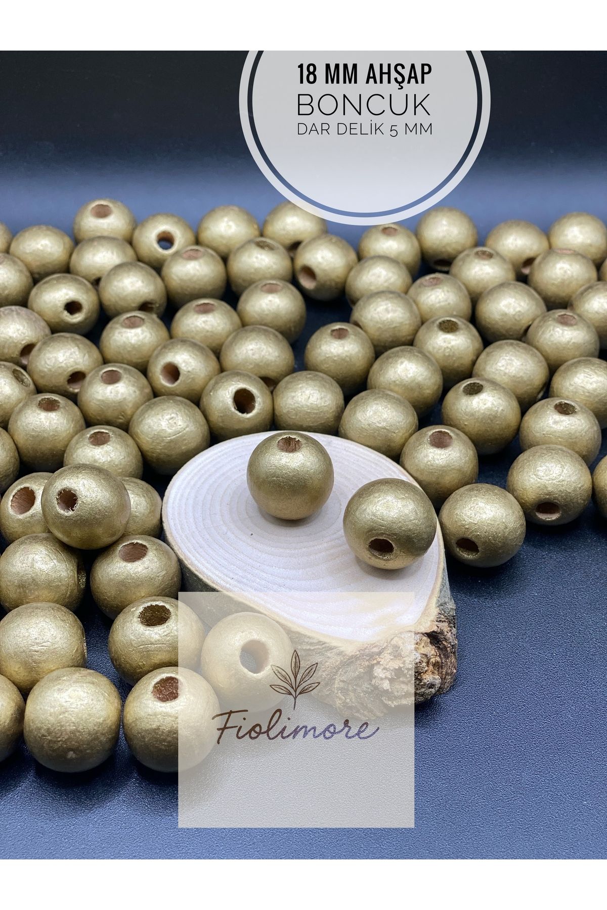 Fiolimore 18 mm Altın Sarı Ahşap Boncuk (50 Gram 25 Adet) Delik Çapı 5 mm Yuvarlak Dar Delik Renkli Tahta