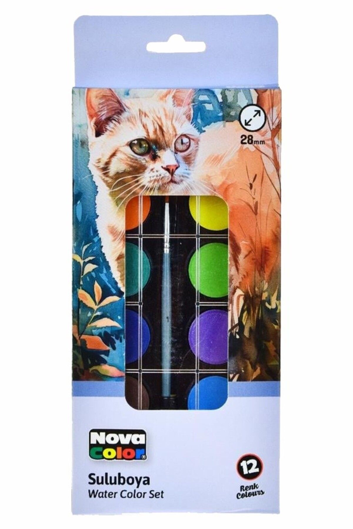 Nova Color 12 Renk Sulu Boya 1 Paket Fırça Hediyeli 12 li Suluboya Canlı Renkler 28 mm Boya Çapı Büyük Boy