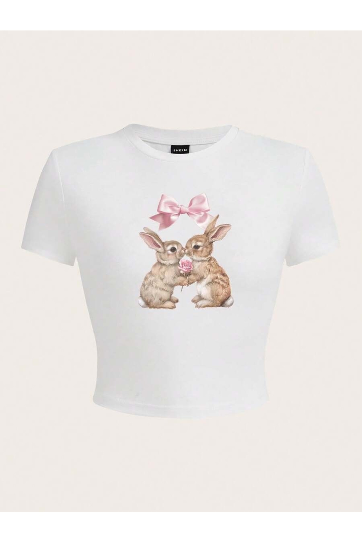 PALPİTO  Kadın Beyaz Kurdele Tavşan Baskılı Bisiklet Yaka Dar Crop Tshirt - Görsel 3