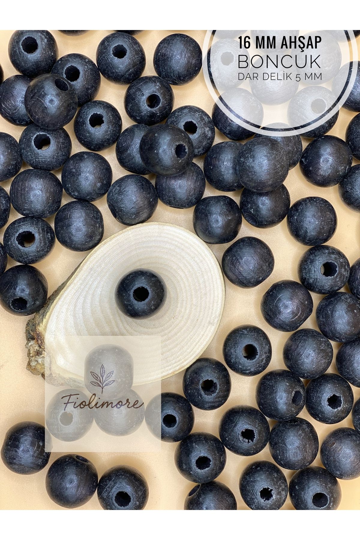 Fiolimore 16 mm Siyah Ahşap Boncuk (50 Gram 35 Adet) Delik Çapı 5 mm Yuvarlak Dar Delik Renkli Tahta