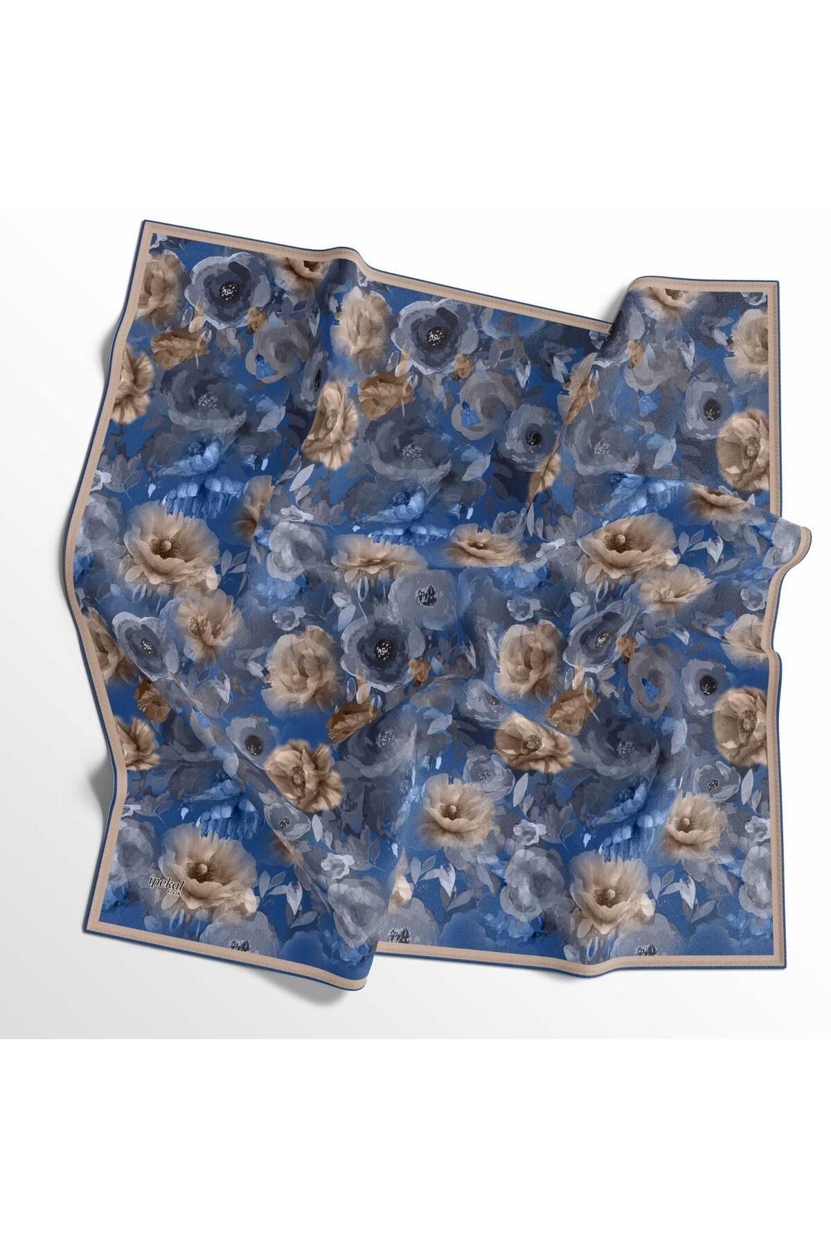 İpekal Soft Pamuk Eşarp - 05399 - 0612 90 x 90 Mavi - Krem - 09