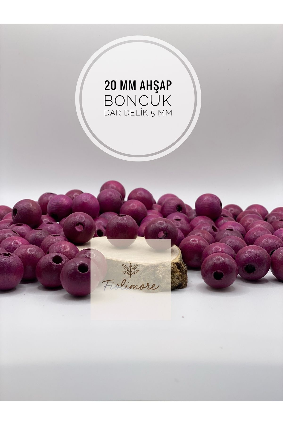 Fiolimore 20 mm Fuşya Pembe Ahşap Boncuk (50 Gram 18 Adet) Delik Çapı 5 mm Yuvarlak Dar Delik Renkli Tahta