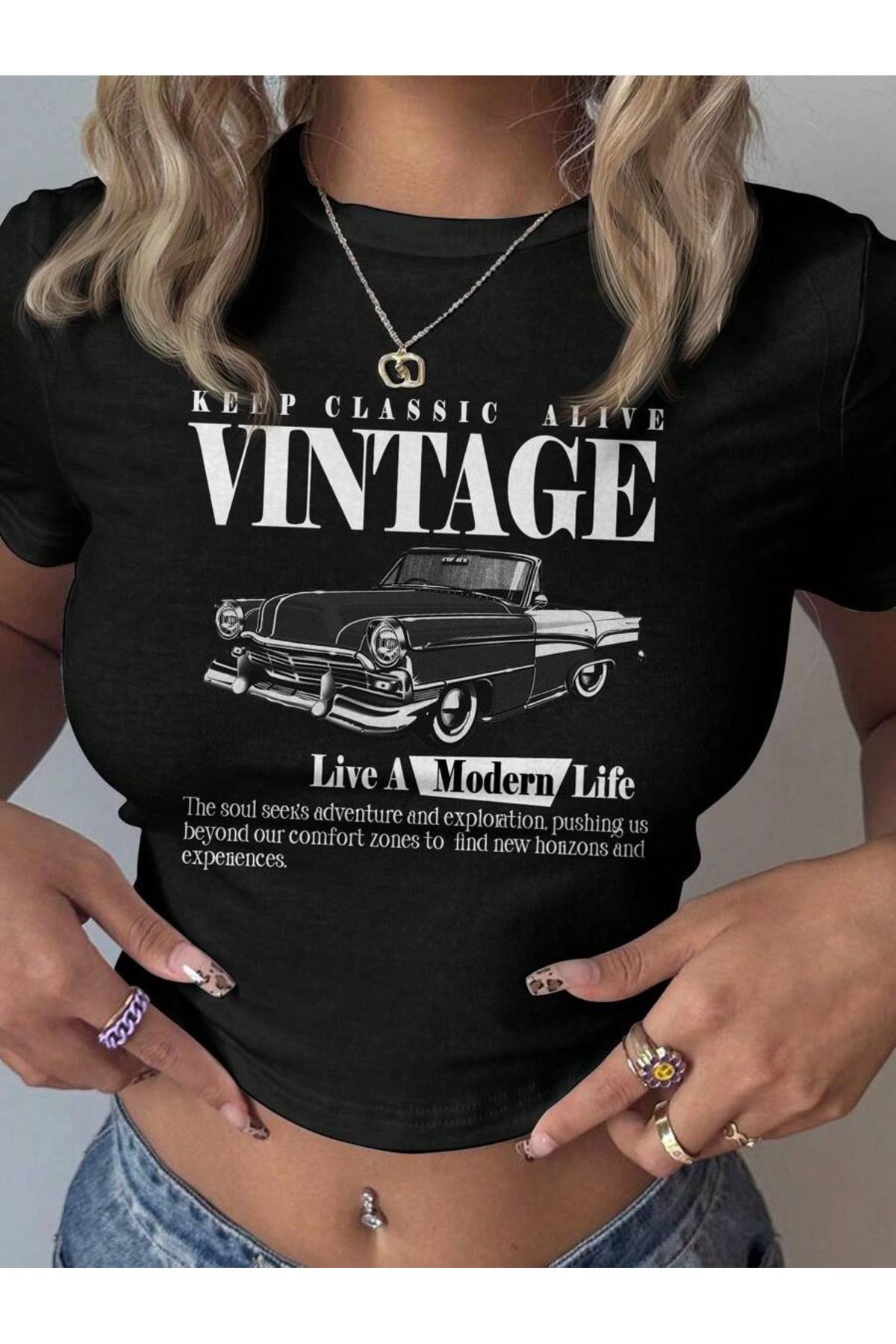 PALPİTO Kadın Siyah Vintage Baskılı Bisiklet Yaka Dar Crop Tshirt