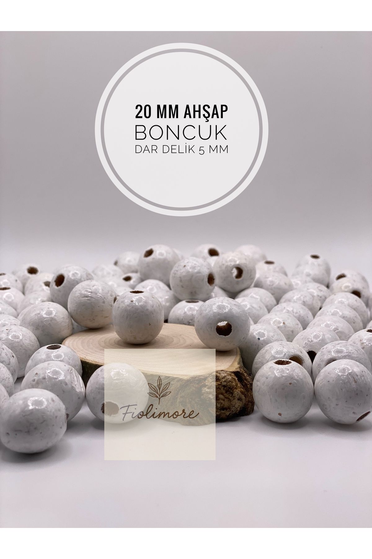 Fiolimore 20 mm Beyaz Ahşap Boncuk (50 Gram 18 Adet) Delik Çapı 5 mm Yuvarlak Dar Delik Renkli Tahta
