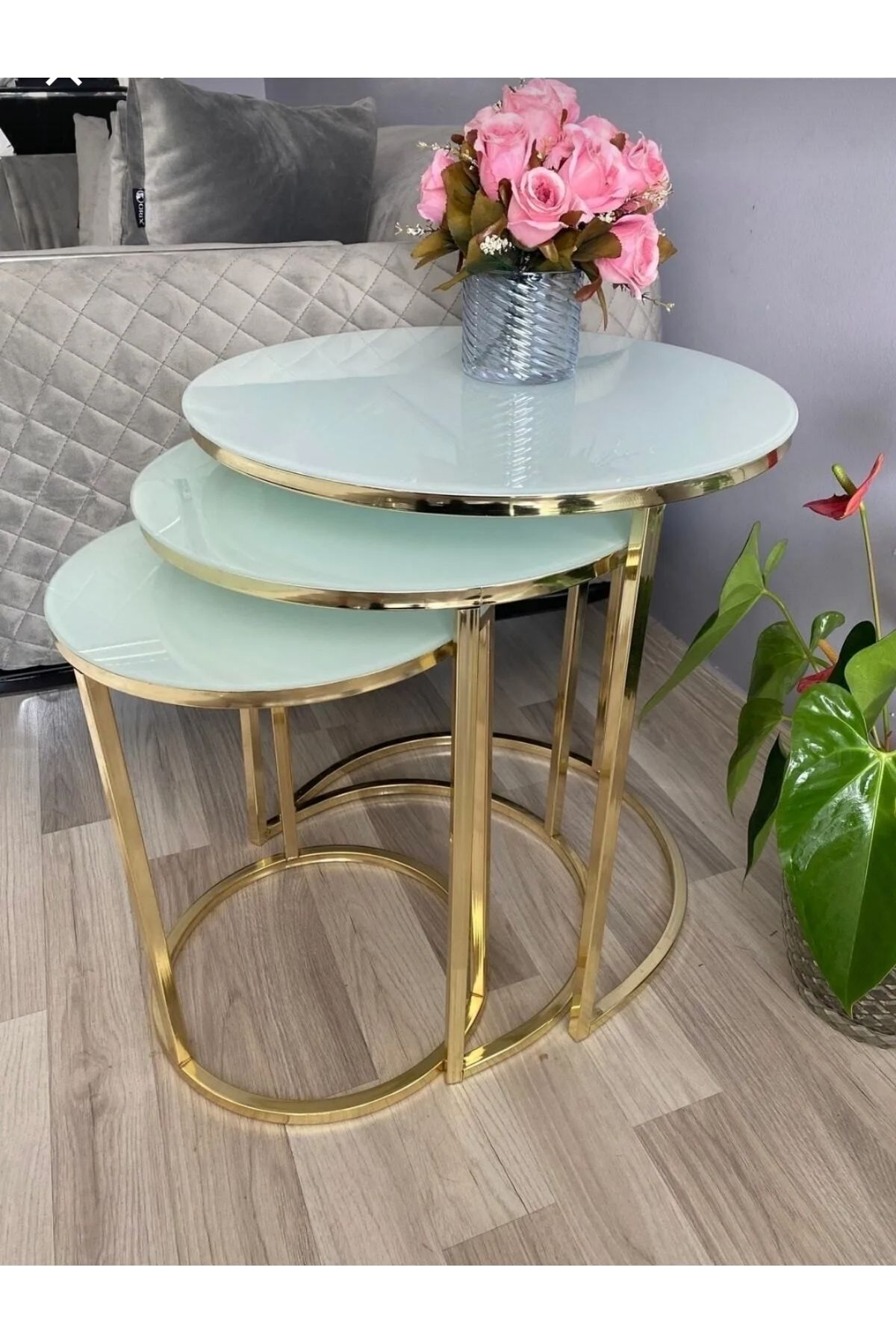 Zigon sehpa 3 lü cam sehpa Gold ayaklı
