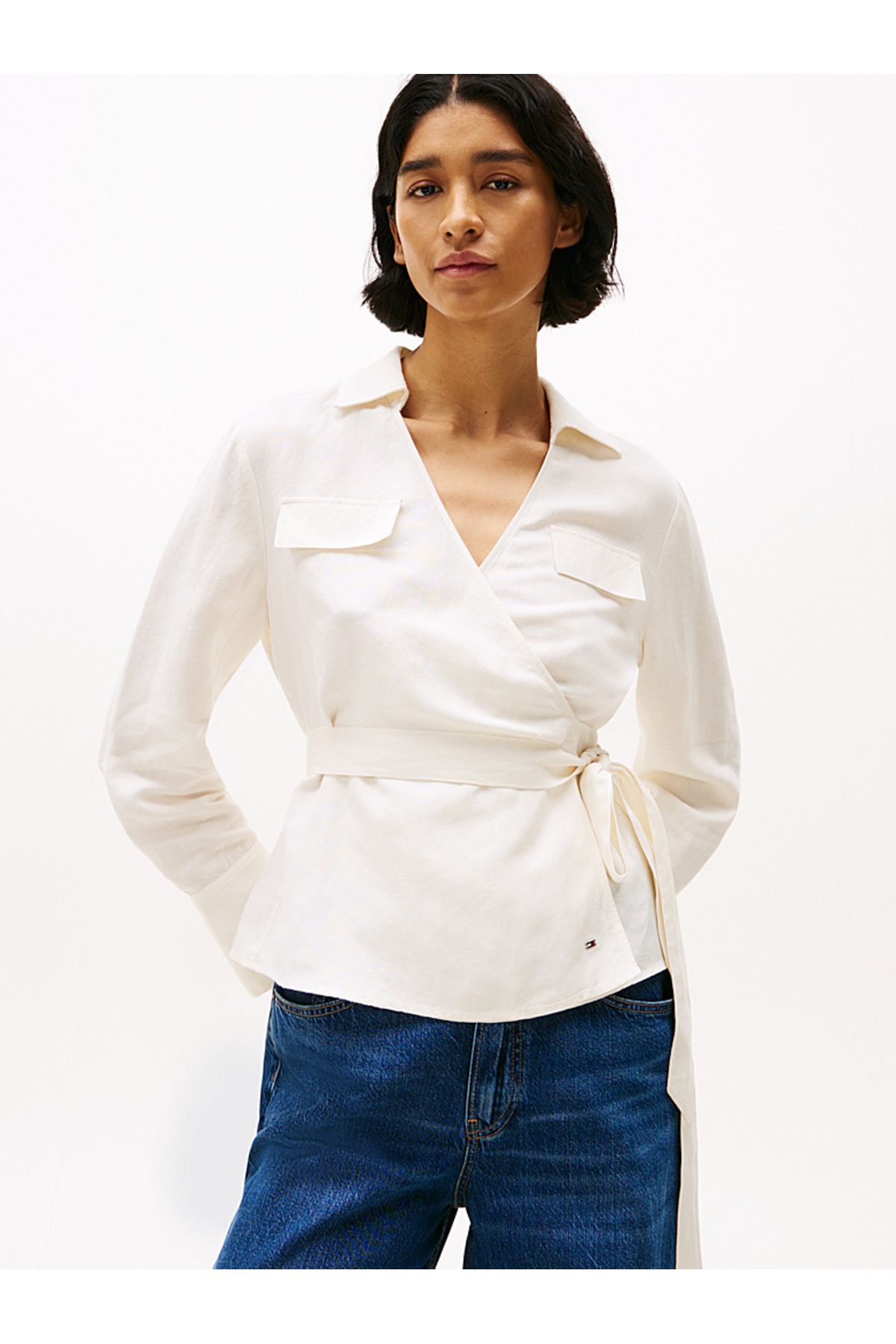 Tommy Hilfiger Relaxed Fit Linen Blend Wrap Blouse