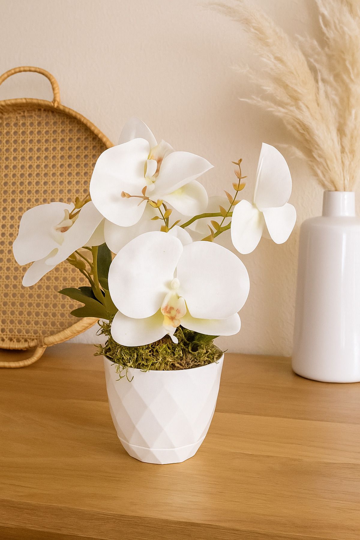 Cennet Home Beyaz Orkide çiçeği 5 Kandilli Elmas Desenli Saksıda Şık Dekoratif Yapay Çiçek