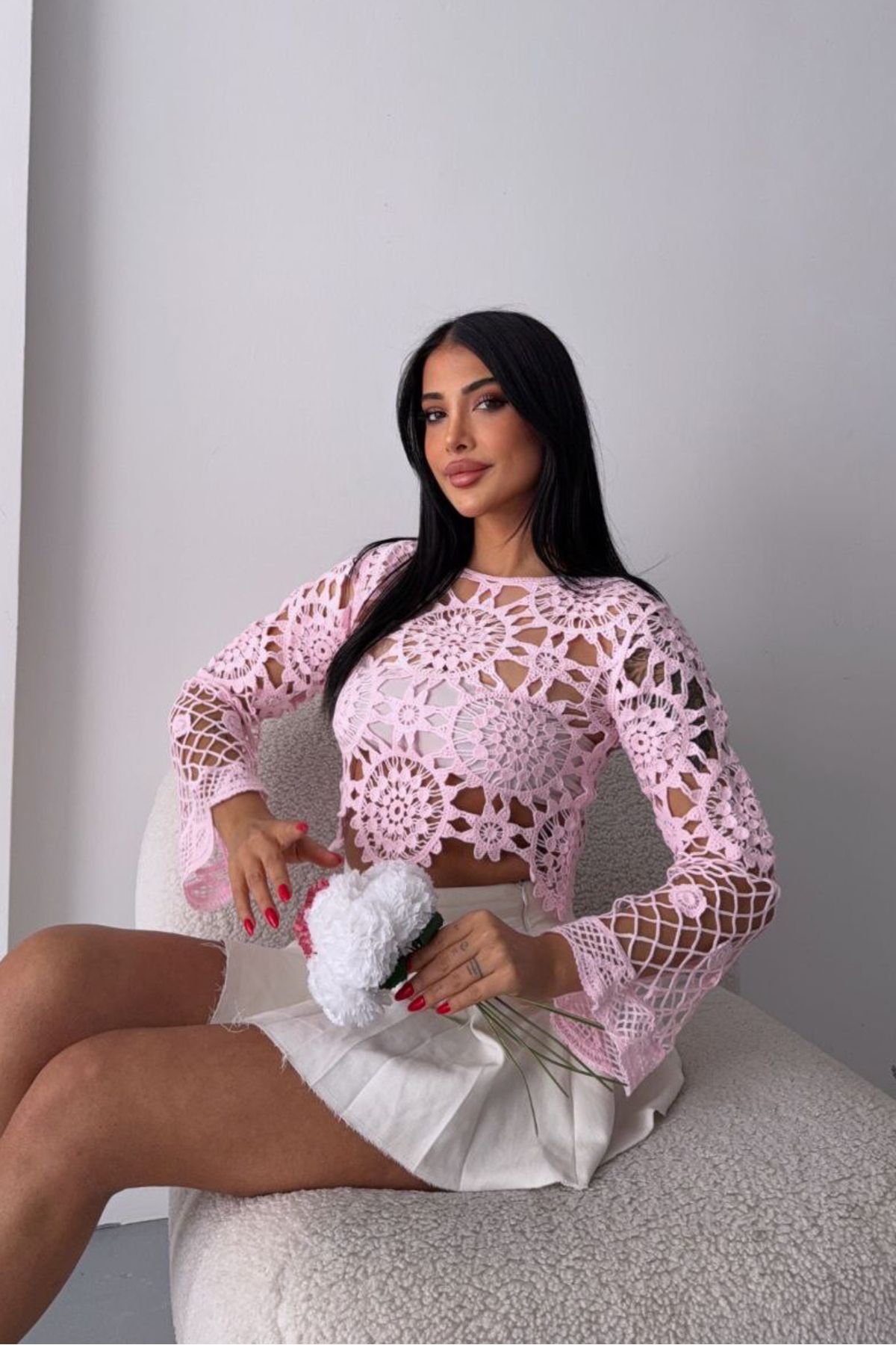 Noi Belis Crop Boy Kayık Yaka Güpürlü İnce Yazlık Bluz SS25BZ0039