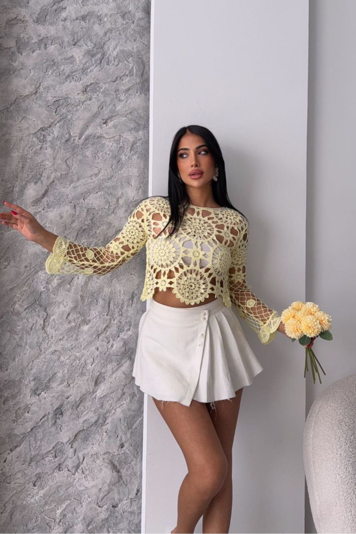 Noi Belis Crop Boy Kayık Yaka Güpürlü İnce Yazlık Bluz SS25BZ0039