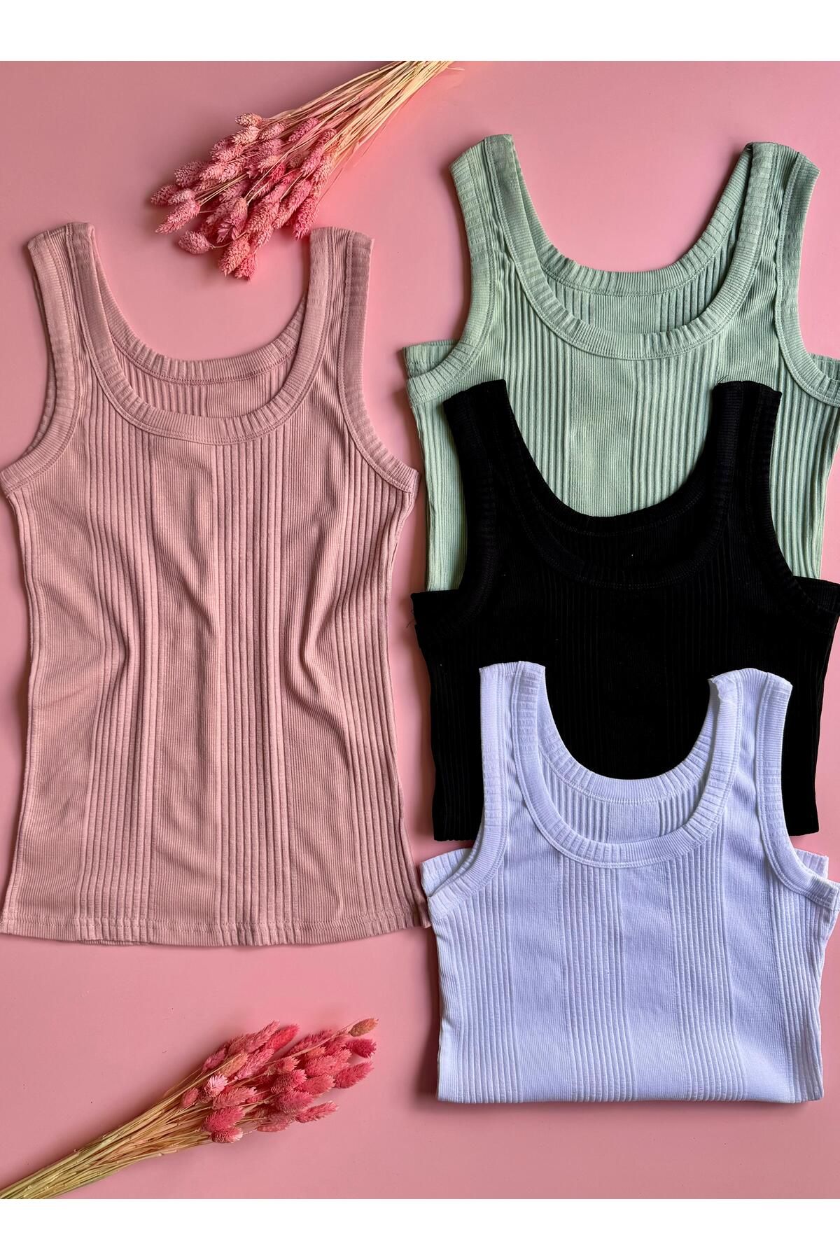 VicTroy Linea | 4’lü Çizgi Modelli, Siyah, Beyaz, Yeşil ve Pudra Renk Pamuklu Kaşkorse Kadın Atlet 60E15