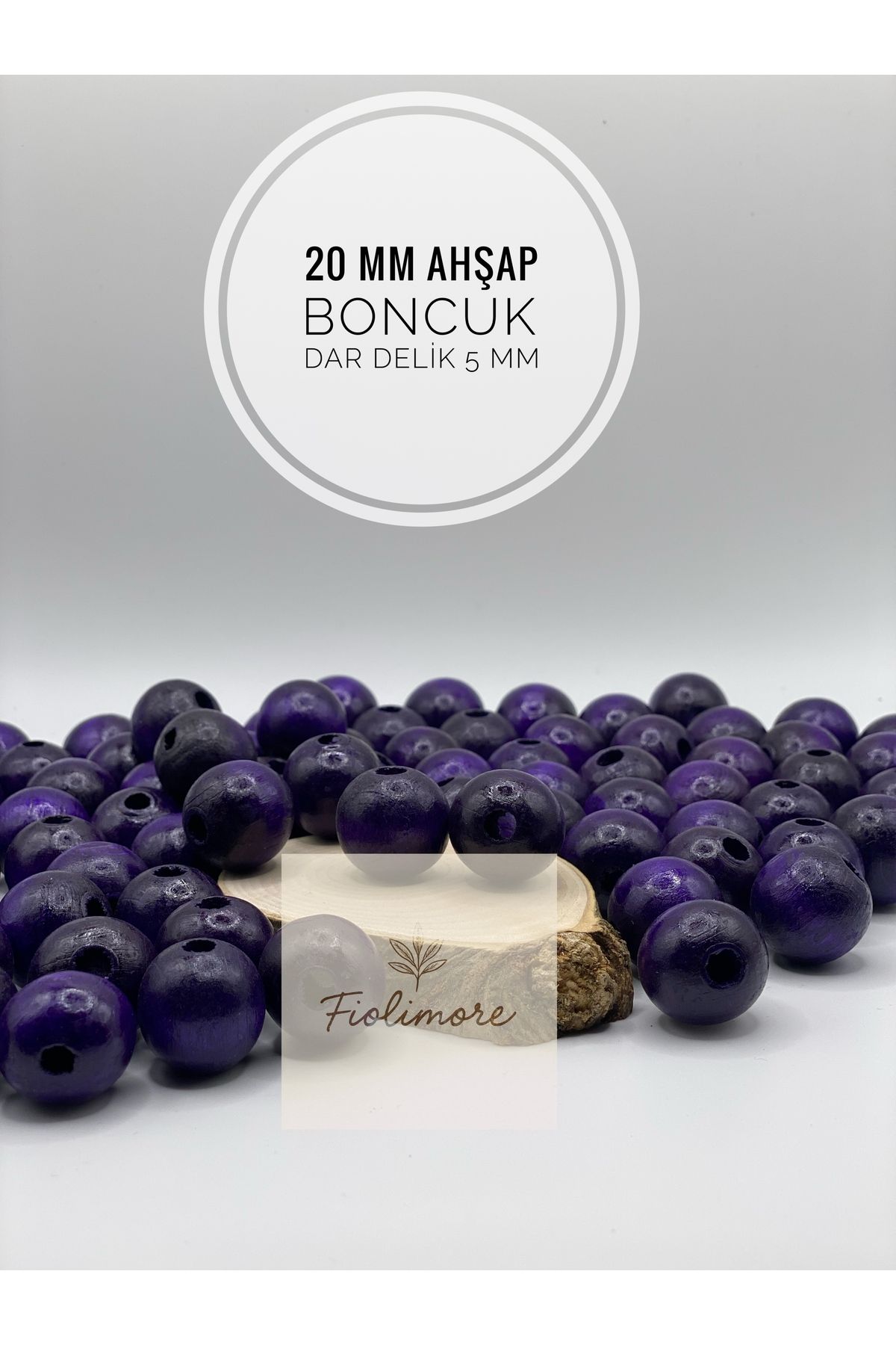 Fiolimore 20 mm Mor Ahşap Boncuk (50 Gram 18 Adet) Delik Çapı 5 mm Yuvarlak Dar Delik Renkli Tahta