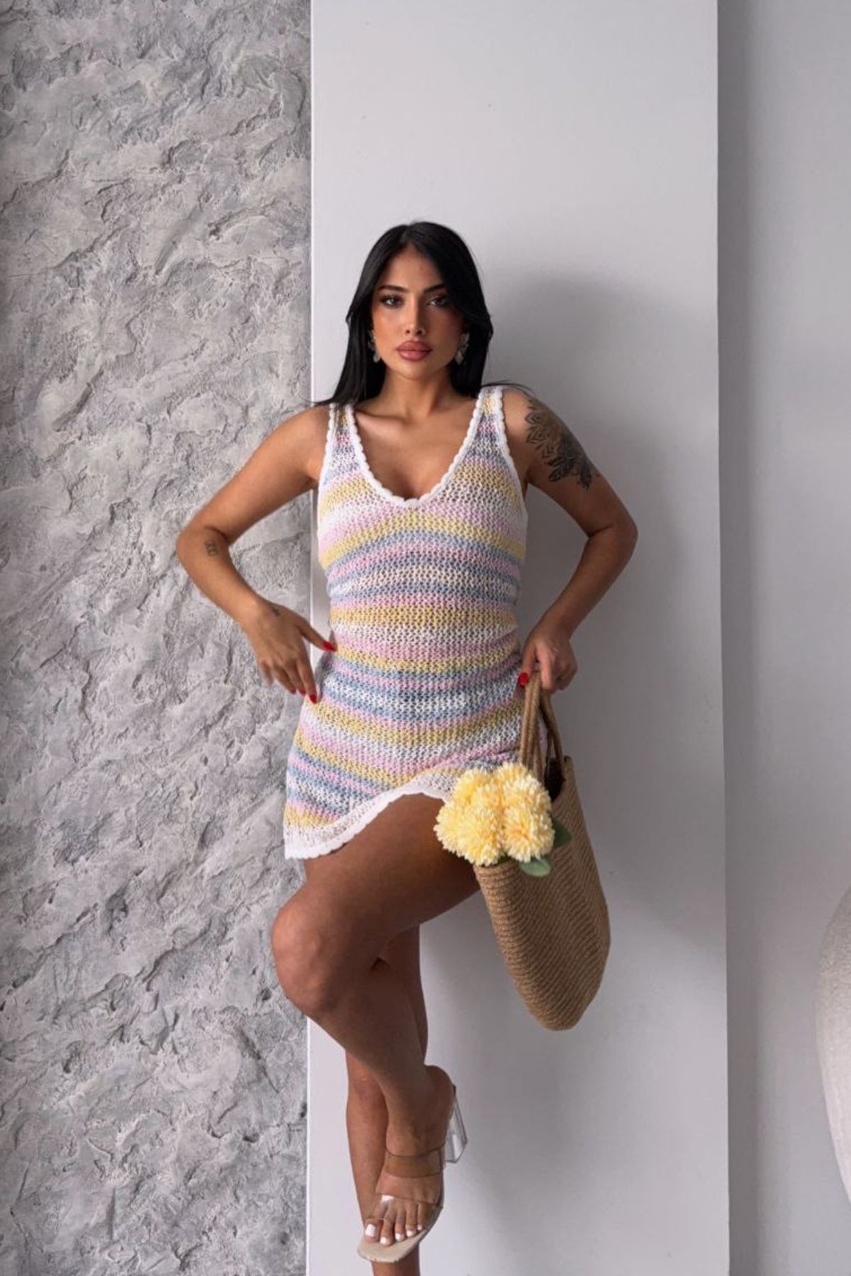 Noi Belis Mini Boy Ajurlu/Delikli Renk Bloklu İnce Yazlık Elbise SS25EL0037