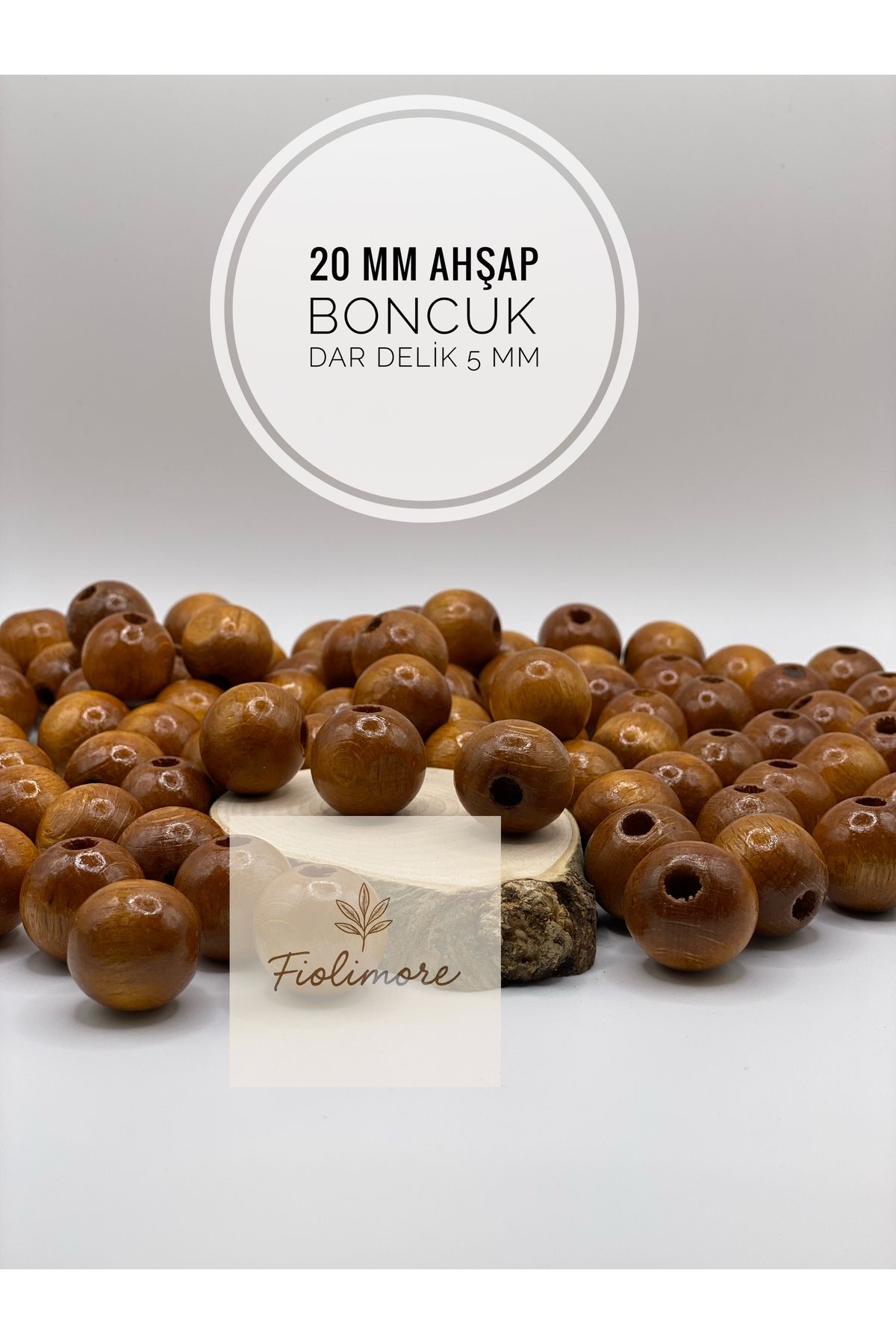 Fiolimore 20 mm Taba Rengi Ahşap Boncuk (50 Gram 18 Adet) Delik Çapı 5 mm Yuvarlak Dar Delik Renkli Tahta