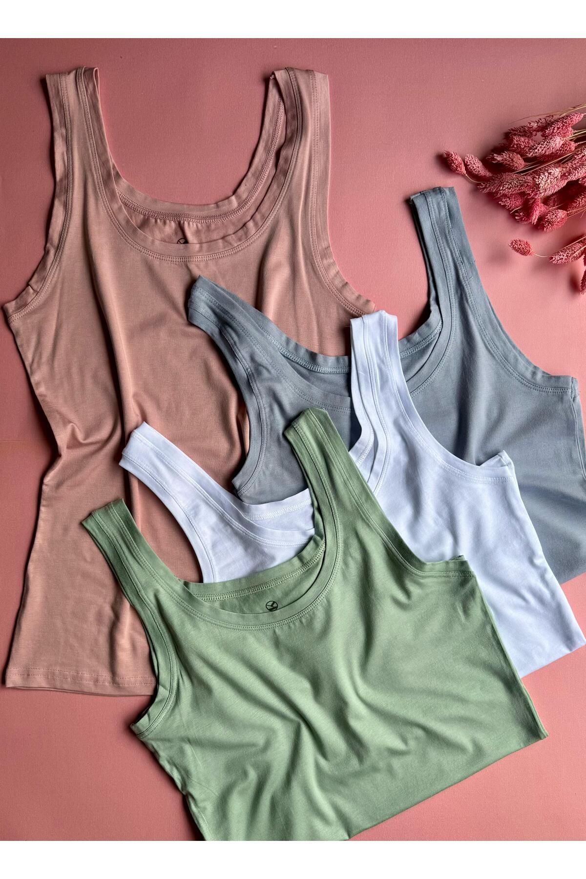 VicTroy Zera Liss, 4’lü Modal, Extra Biyeli, Beyaz, Pembe, Yeşil ve Mavi Kalın Askılı Kadın Atlet 66E03