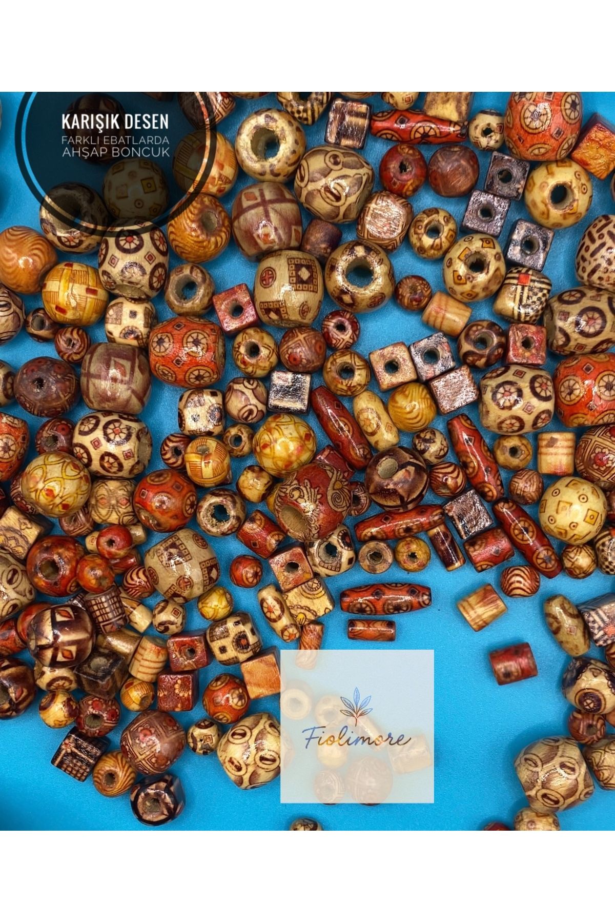 Fiolimore Ahşap Boncuk (50 Gram 70-80 Adet) Farklı Desen-Farklı Ölçü-Karışık-Tahta-Aksesuar-Renkli-Çeşit