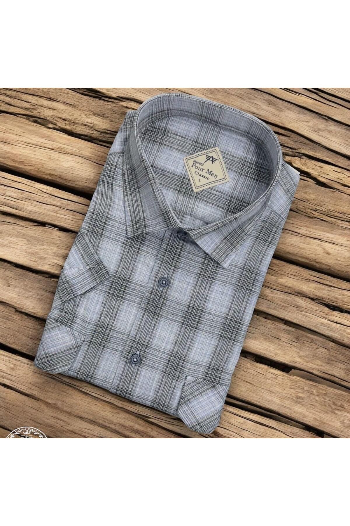 EREN STYLE Linen Keten Klasik Kısa Kollu İki Cepli Kapaklı Gri Baba Gömleği (Regular Kalıp)