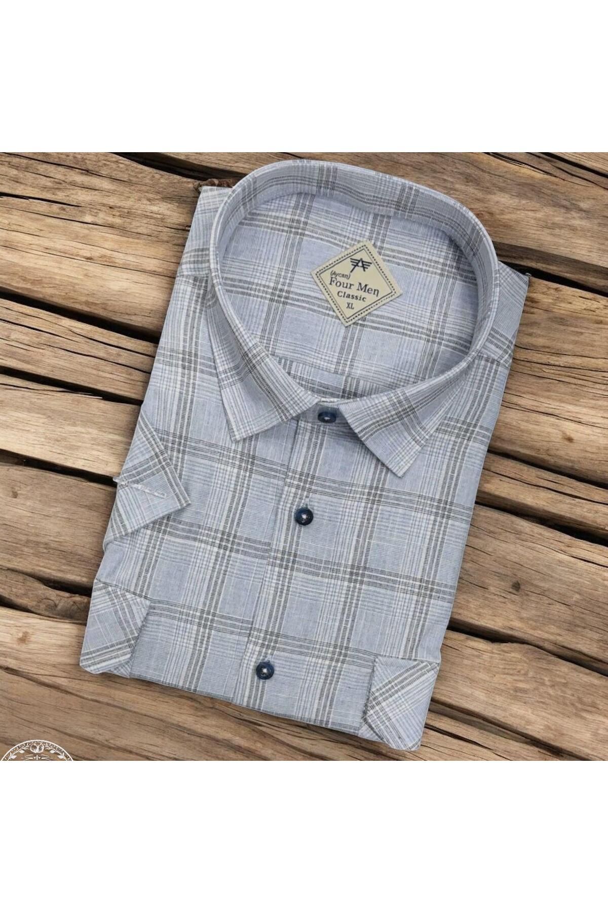 EREN STYLE Linen Keten Klasik Kısa Kollu İki Cepli Kapaklı Mavi Baba Gömleği (Regular Kalıp)