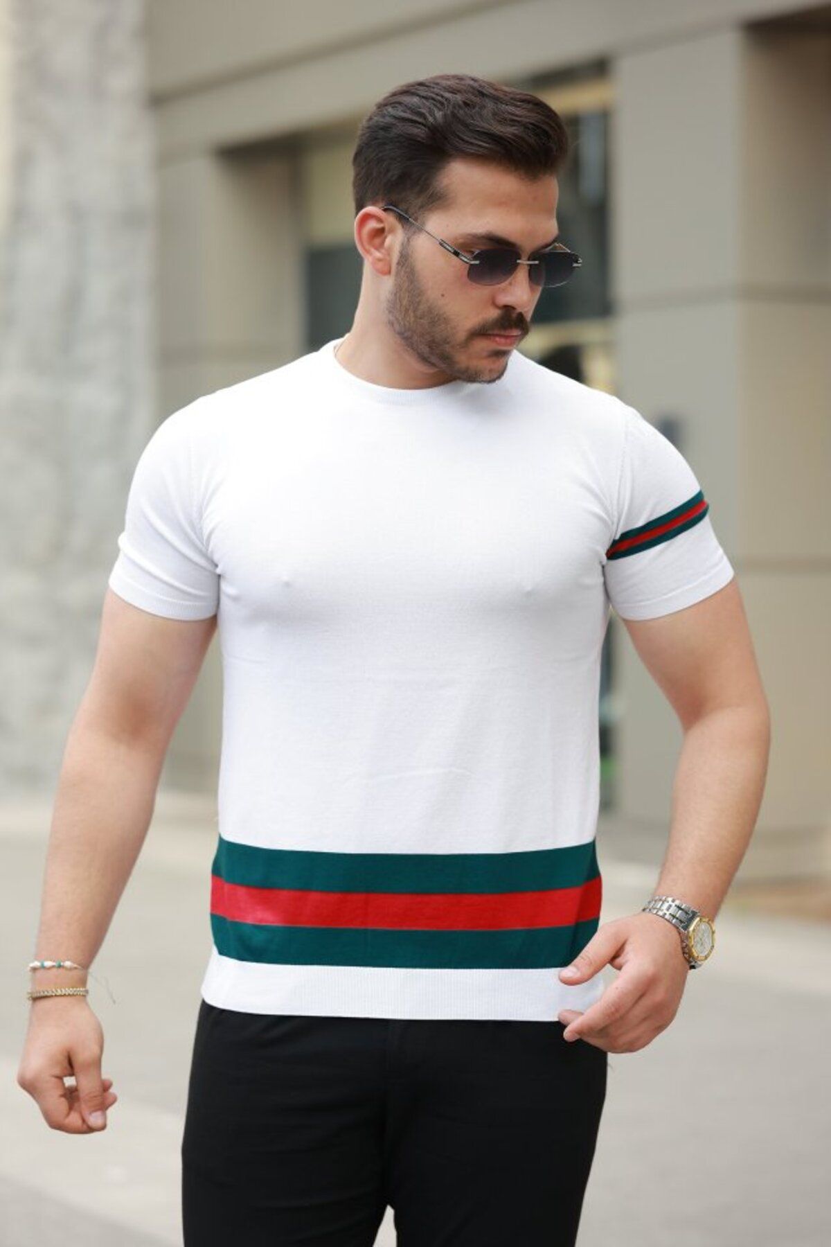 TUA MODA TUA MODA Erkek Bisiklet Yaka Bel Ve Kol şerit Desenli Kısa Kollu Tişört