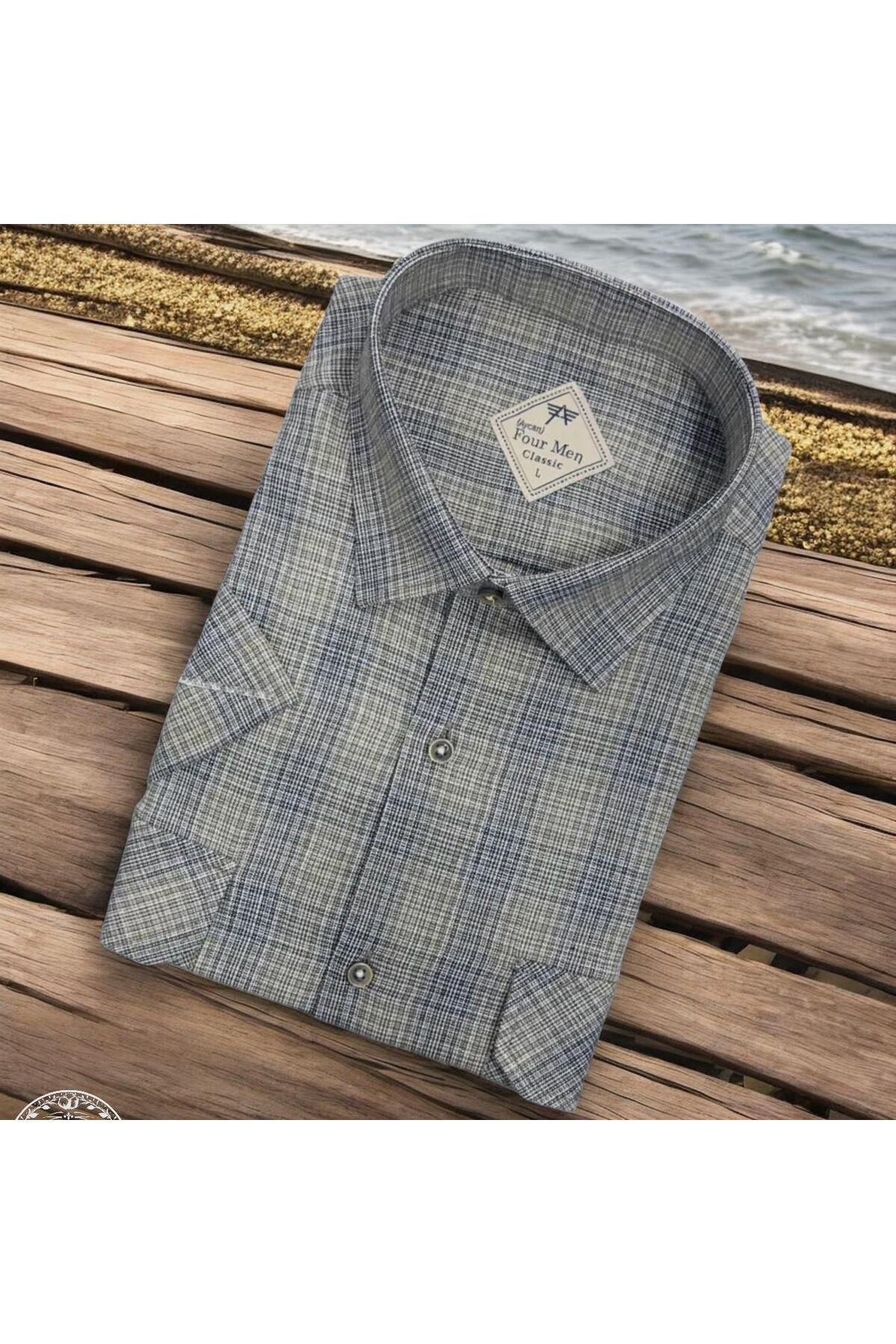 EREN STYLE Linen Keten Klasik Kısa Kollu İki Cepli Kapaklı Yeşil Baba Gömleği (Regular Kalıp)