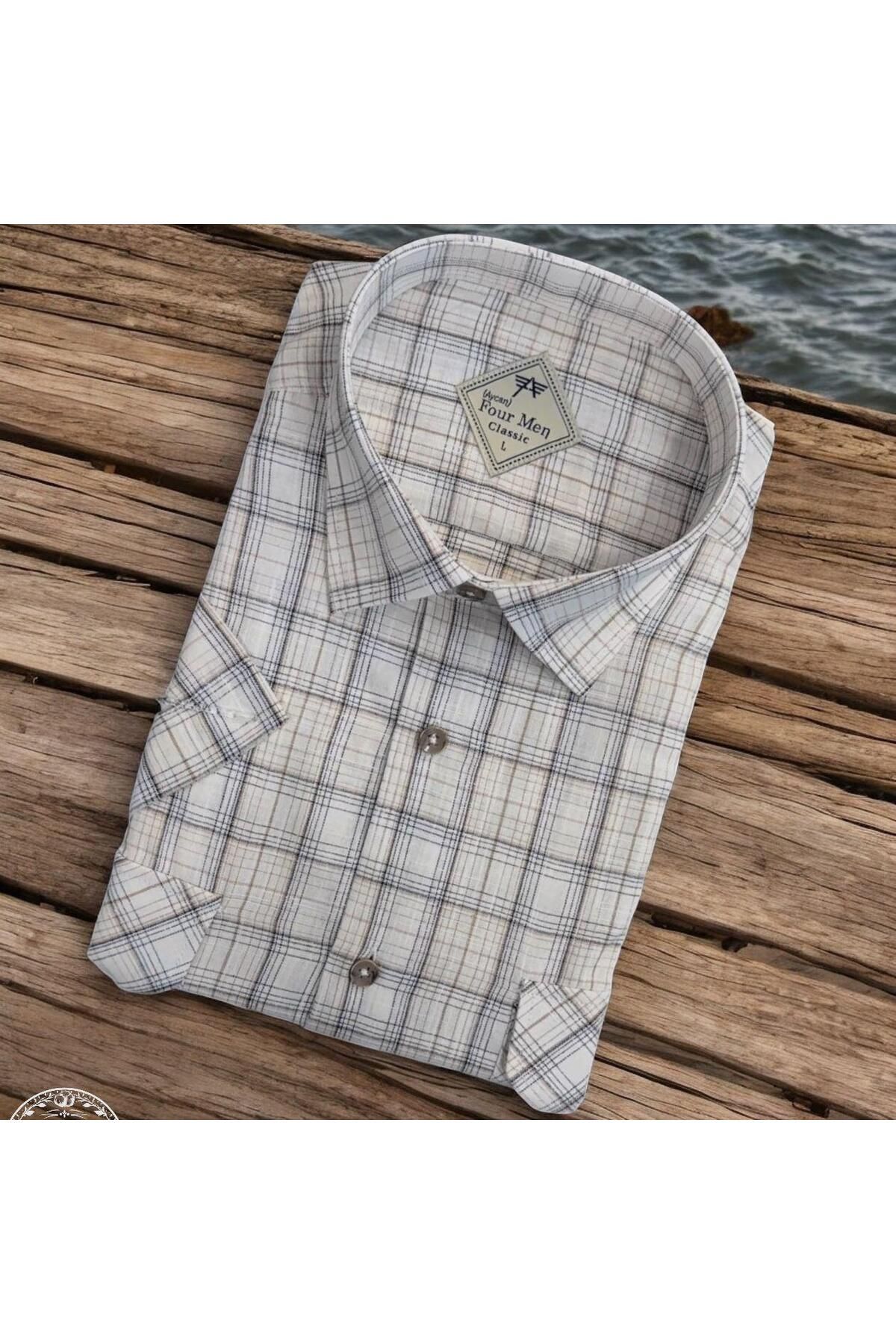 EREN STYLE Linen Keten Klasik Kısa Kollu İki Cepli Kapaklı Ekru Baba Gömleği (Regular Kalıp)