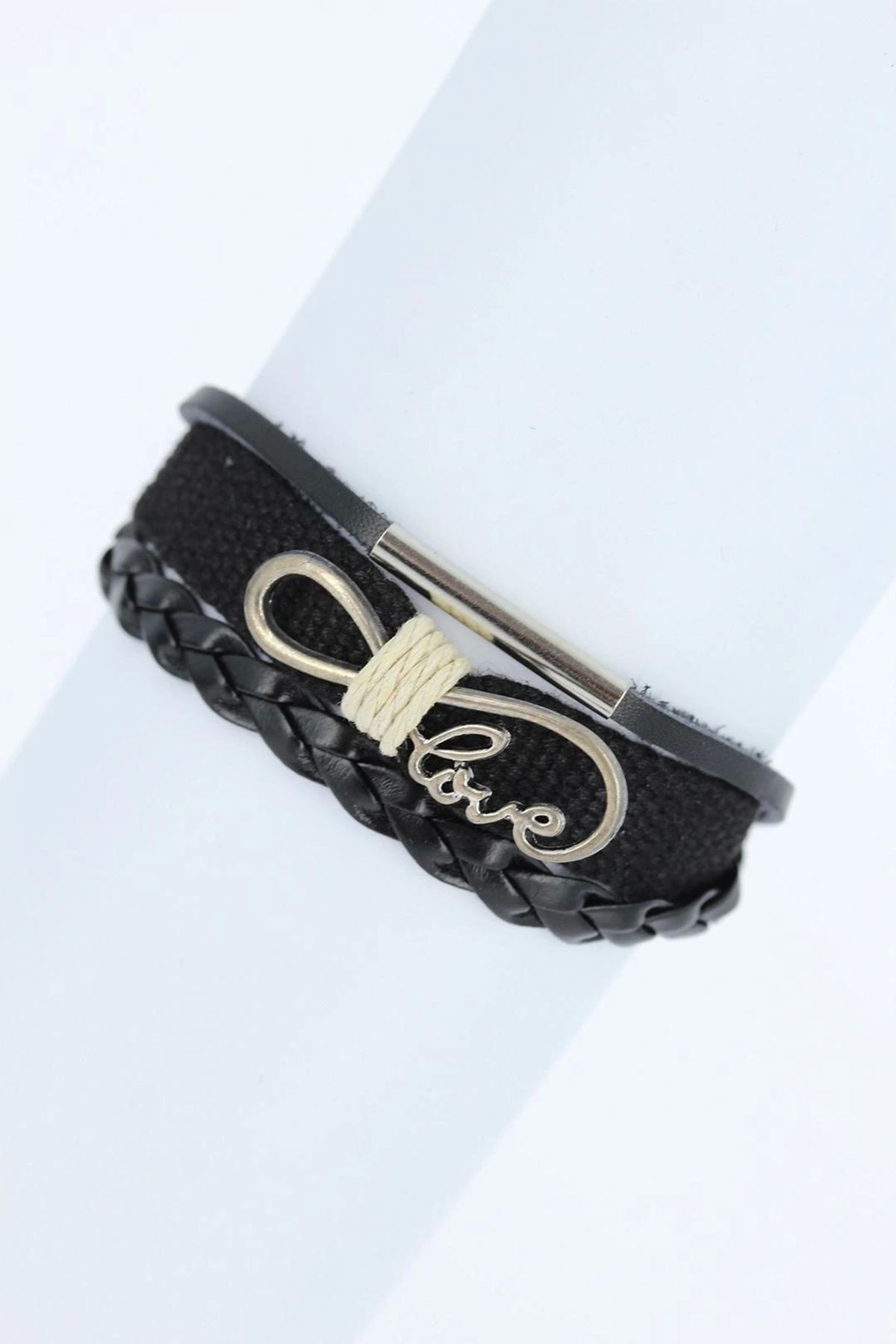 OurStyles Metal Aksesuarlı Siyah Renk Deri Bileklik - TJ-EB1716