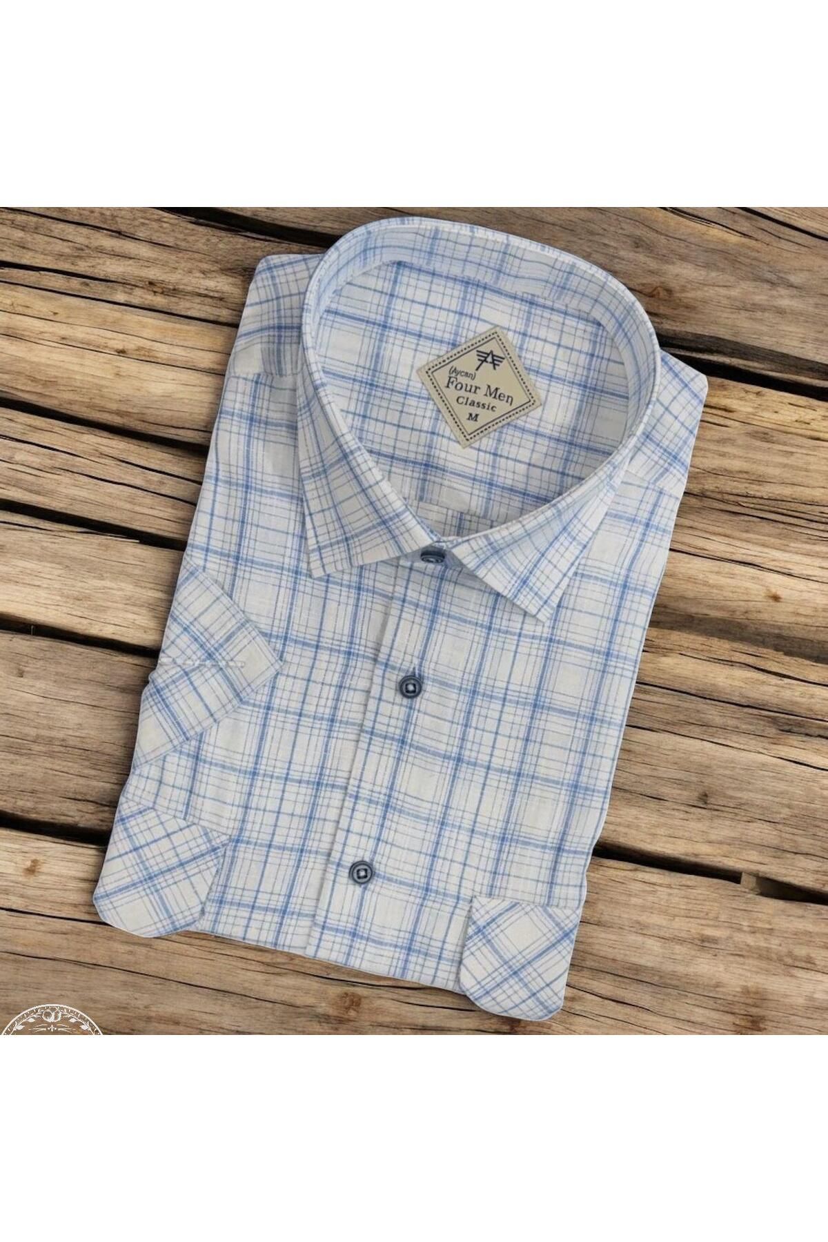 EREN STYLE Linen Keten Klasik Kısa Kollu İki Cepli Kapaklı Mavi Baba Gömleği (Regular Kalıp)
