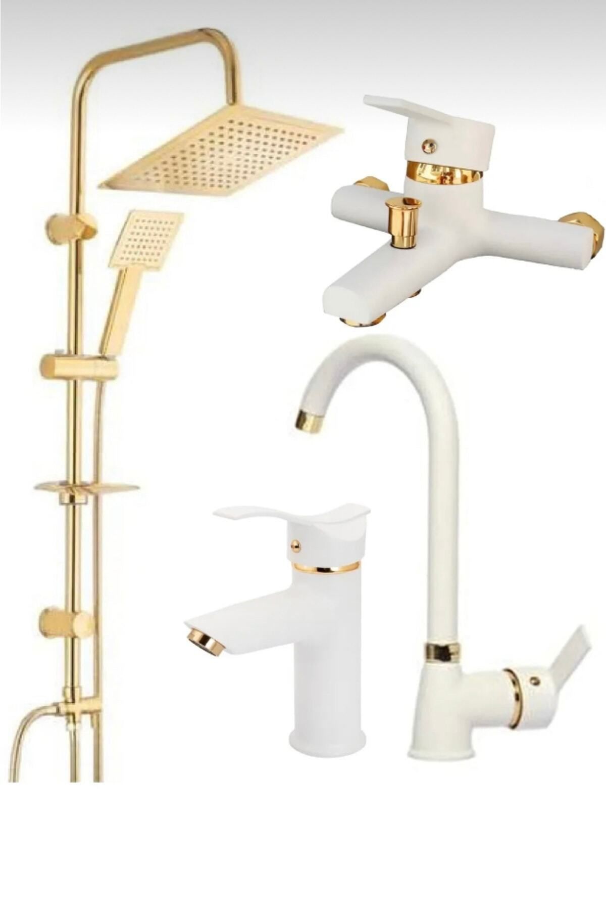 BDL ARMATÜR Kare Gold Robot Set, Beyaz Gold Kartal Lavabo, Mutfak Eviye, Banyo Bataryası Musluğu Set