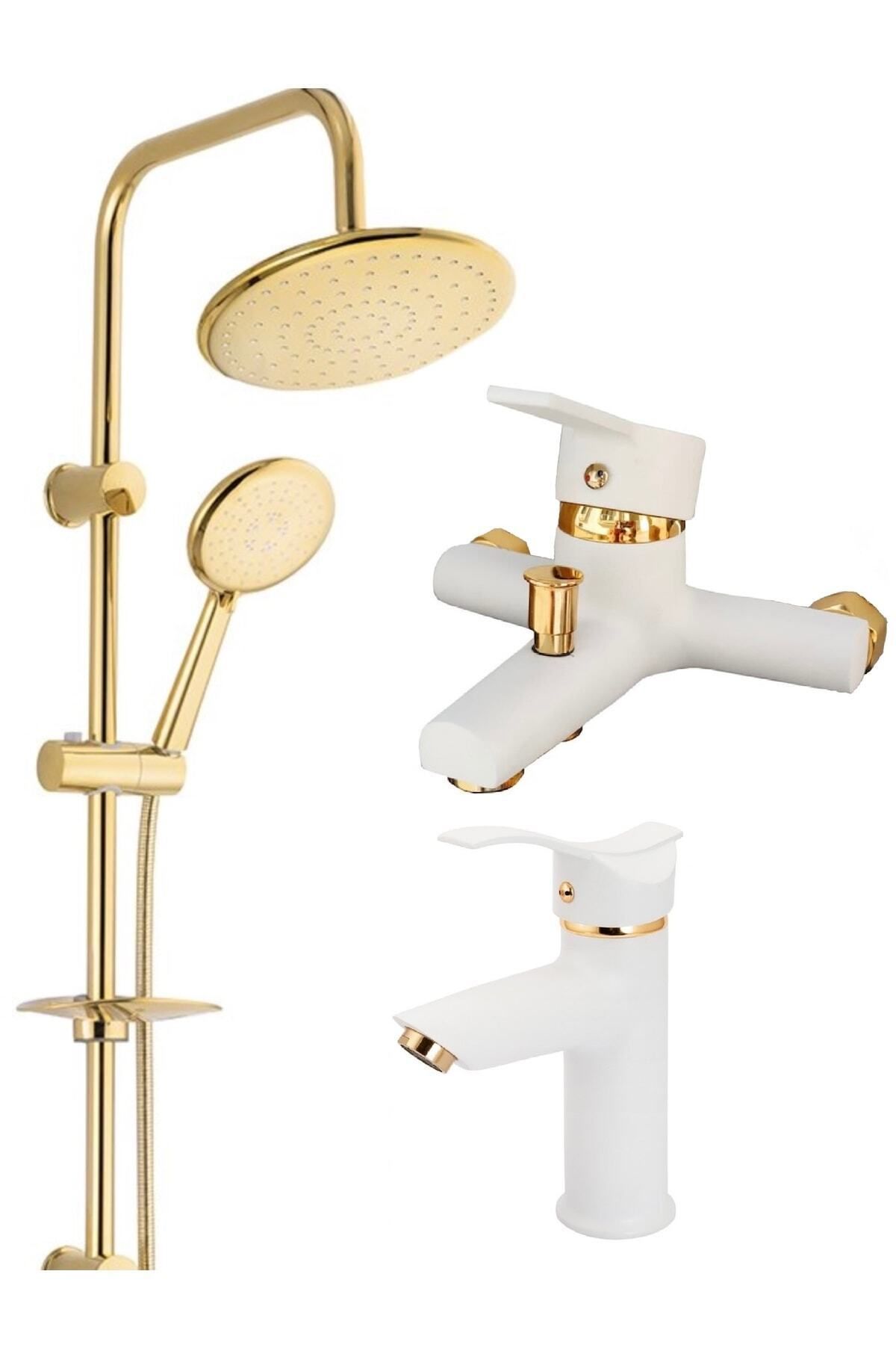 BDL ARMATÜR Gold Altın Robot Duş Seti, Beyaz Gold Kartal Lavabo Ve Banyo Bataryası Musluğu Çeşmesi