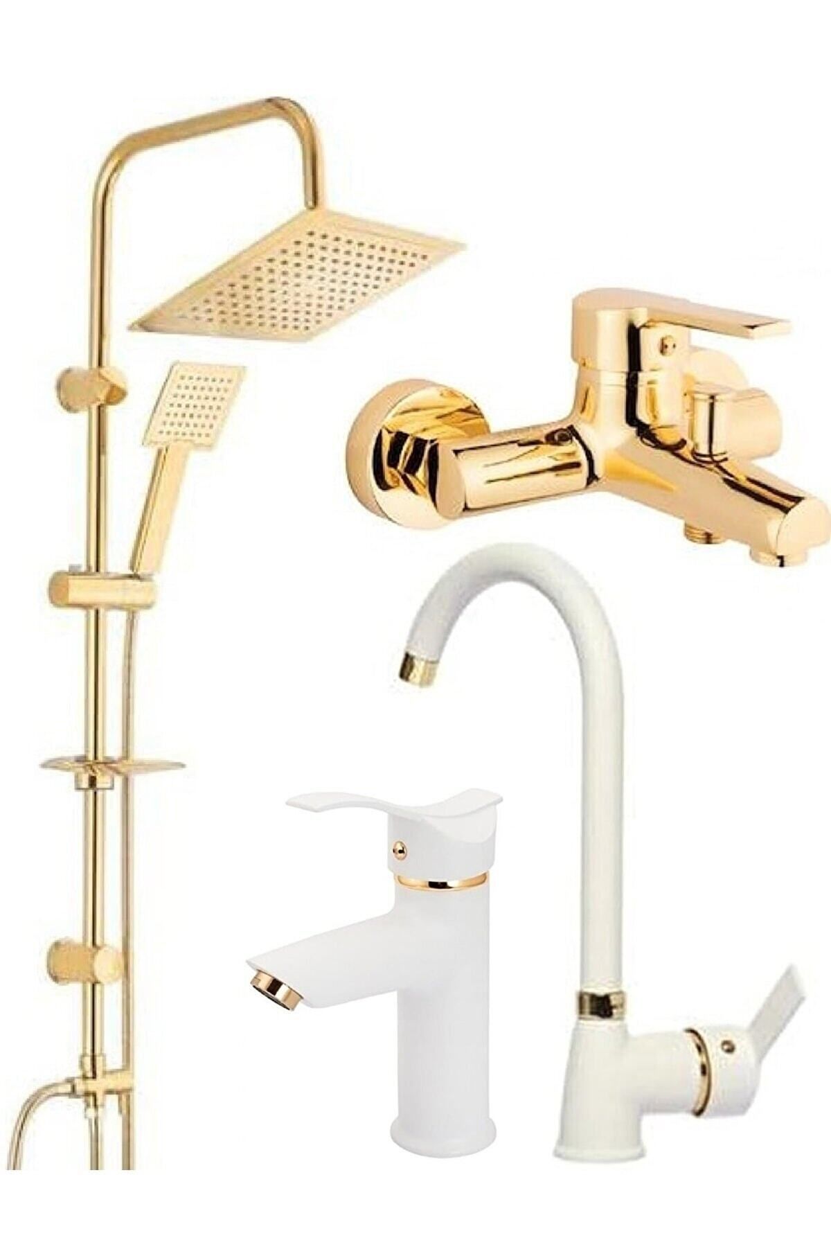 BDL ARMATÜR Gold Kare Robot Seti Banyo Ve Beyaz Gold Kartal Lavabo Mutfak Eviye Bataryası Musluğu