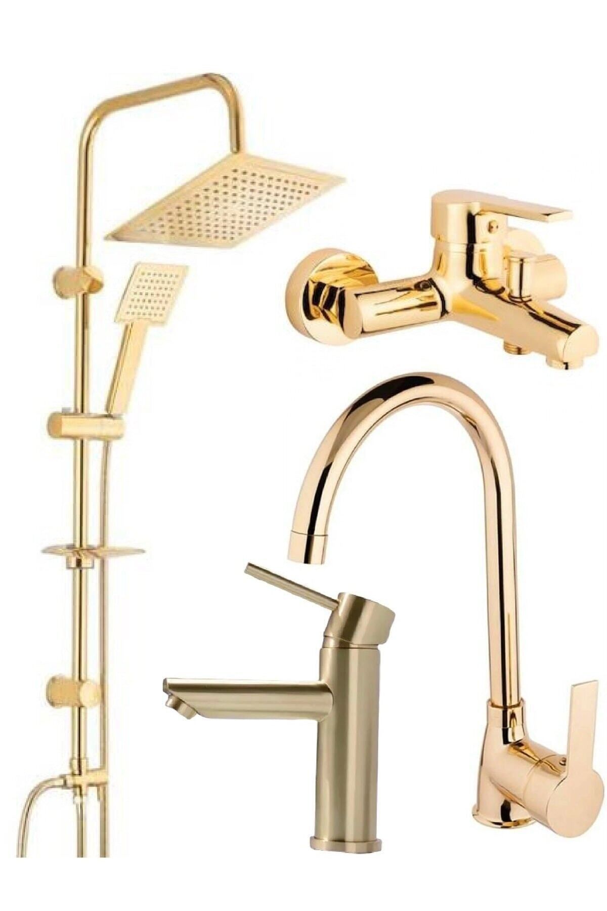 BDL ARMATÜR Altın Renk Gold Robot Duş Sistemi-mutfak Eviye-banyo Ve Lavabo Musluğu Bataryası 4’lü Set