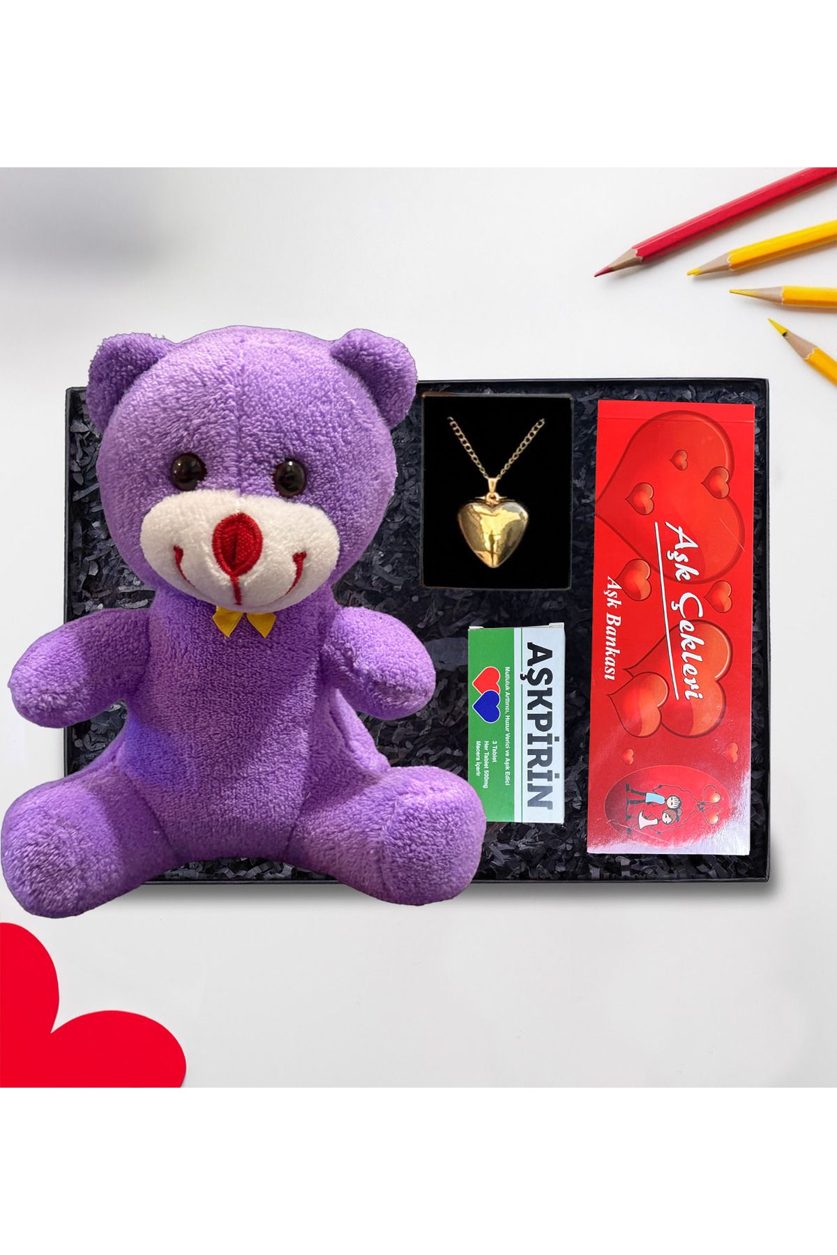lenostra Romantik Hediye Sevgiliye 25cm Mor Ayıcık Çelik Kalp Kolye Aşk Çeki ve Aşkpirin Hediye Kutusu