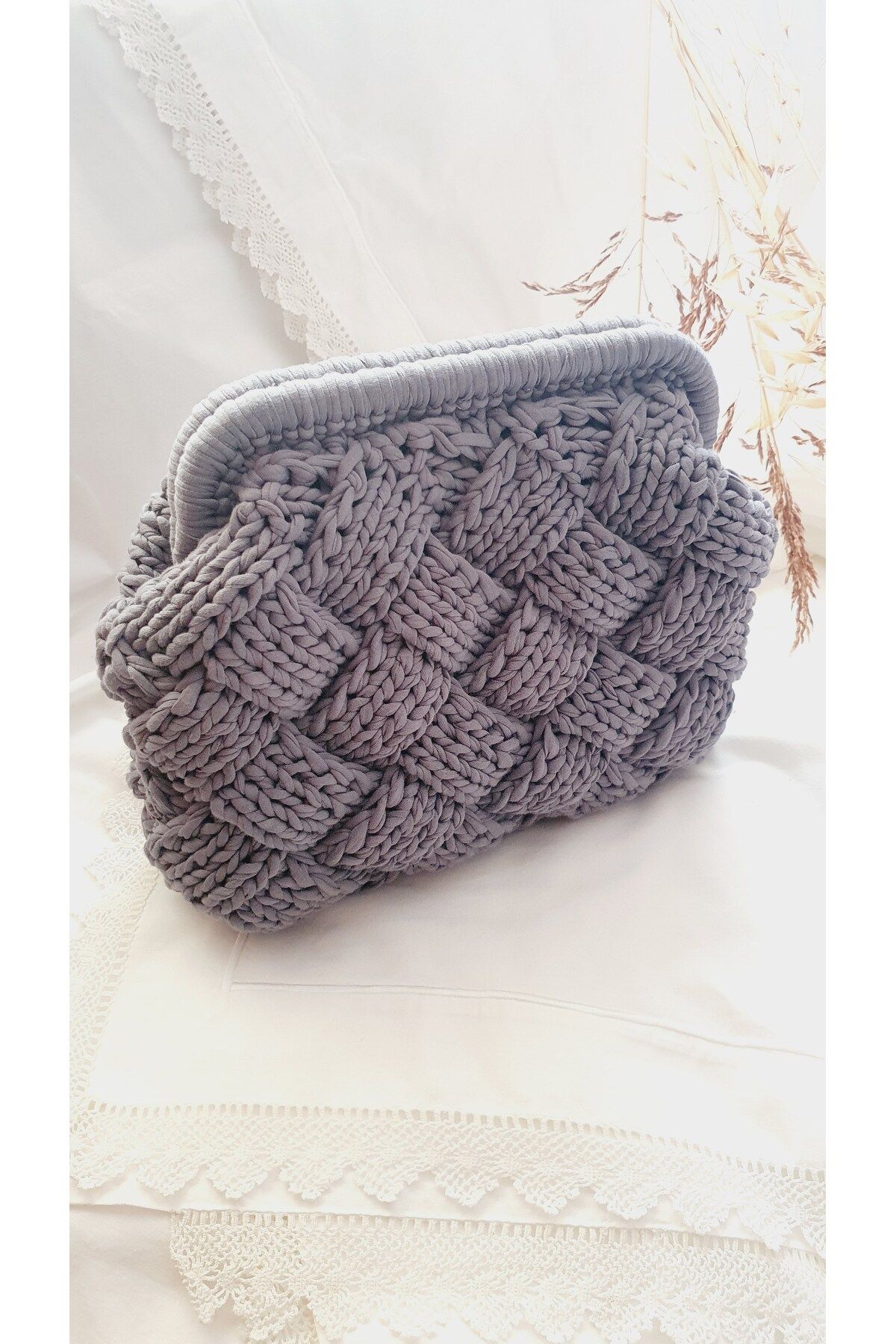 NapaDesignArt Kadın Yazlık Pamuk Gri Renk Detaylı Jüt Hasır Portföy & Clutch Çanta