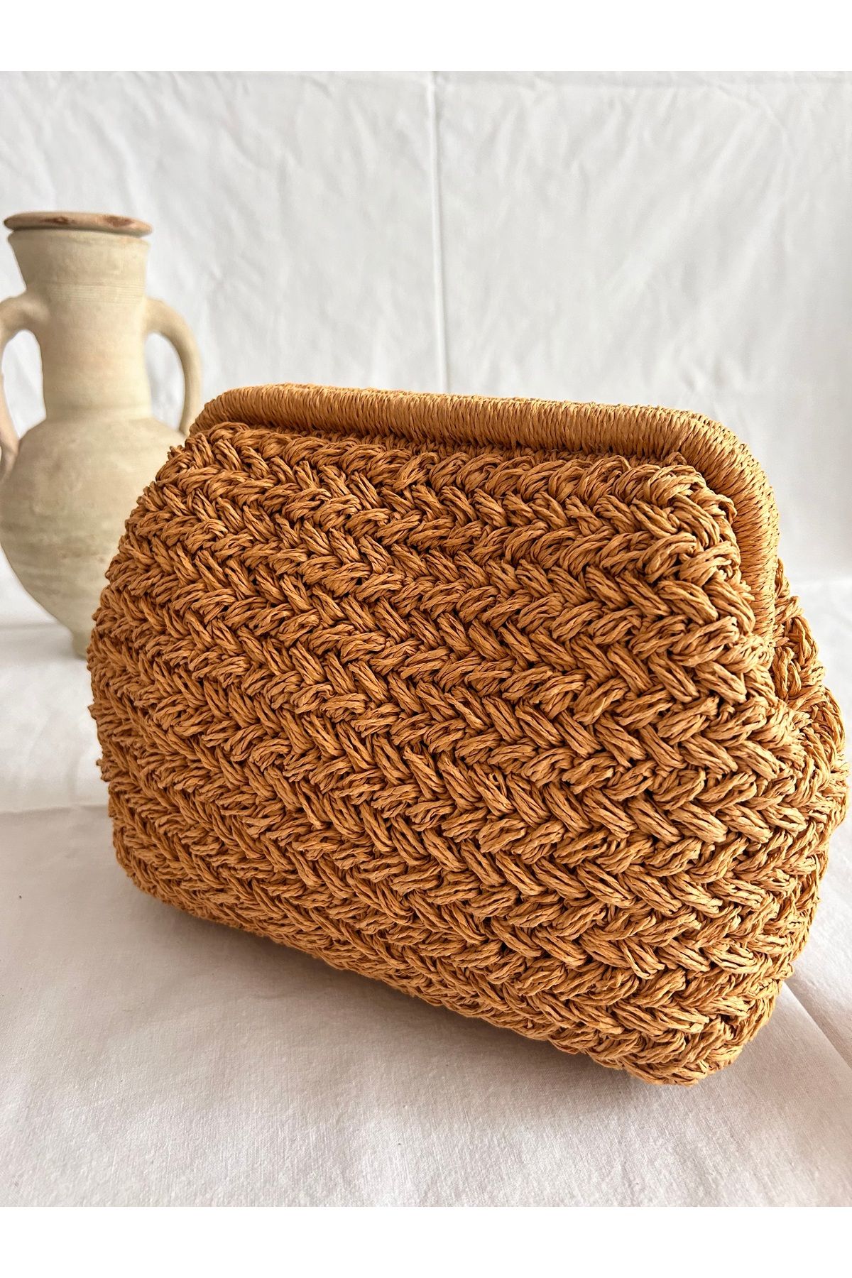 NapaDesignArt Kadın Yazlık Bej Renk Detaylı Jüt Hasır Portföy & Clutch Çanta