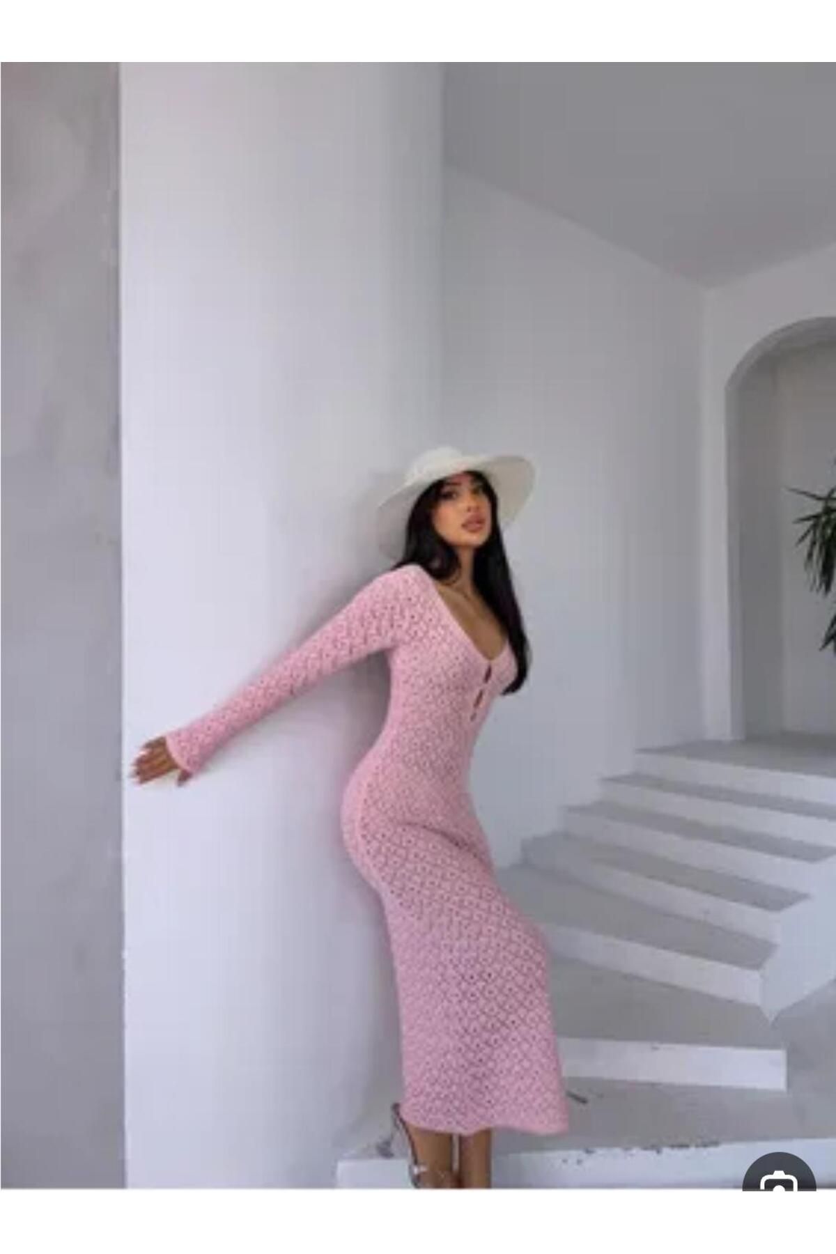 Abalı Yeni model, plaj, yazlık triko elbise V yaka ajurlu, göğüs aksesuar ve pencereli Alhawi model .