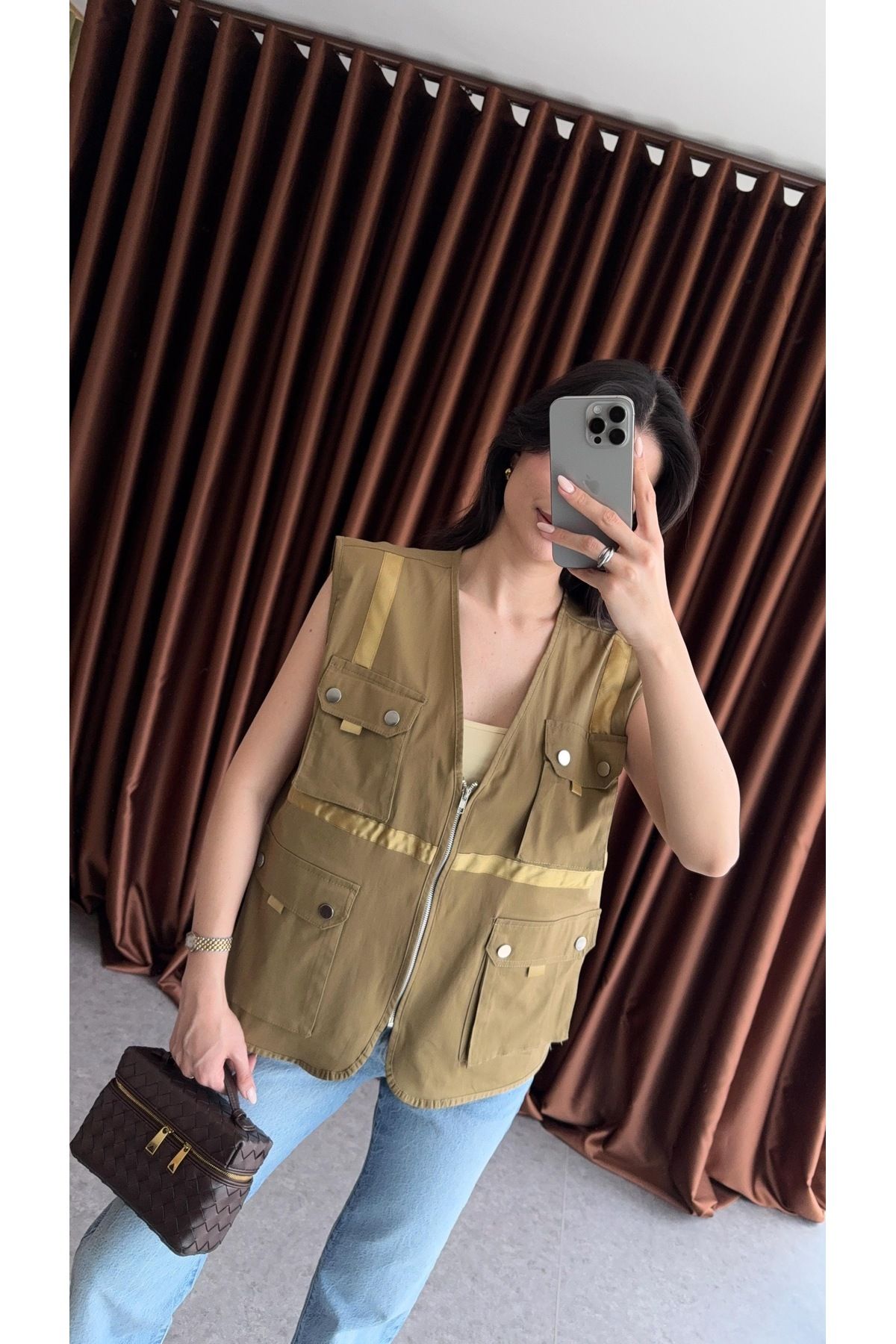 Kese Fashion Store Kadın Haki Fermuarlı Cepli Yelek