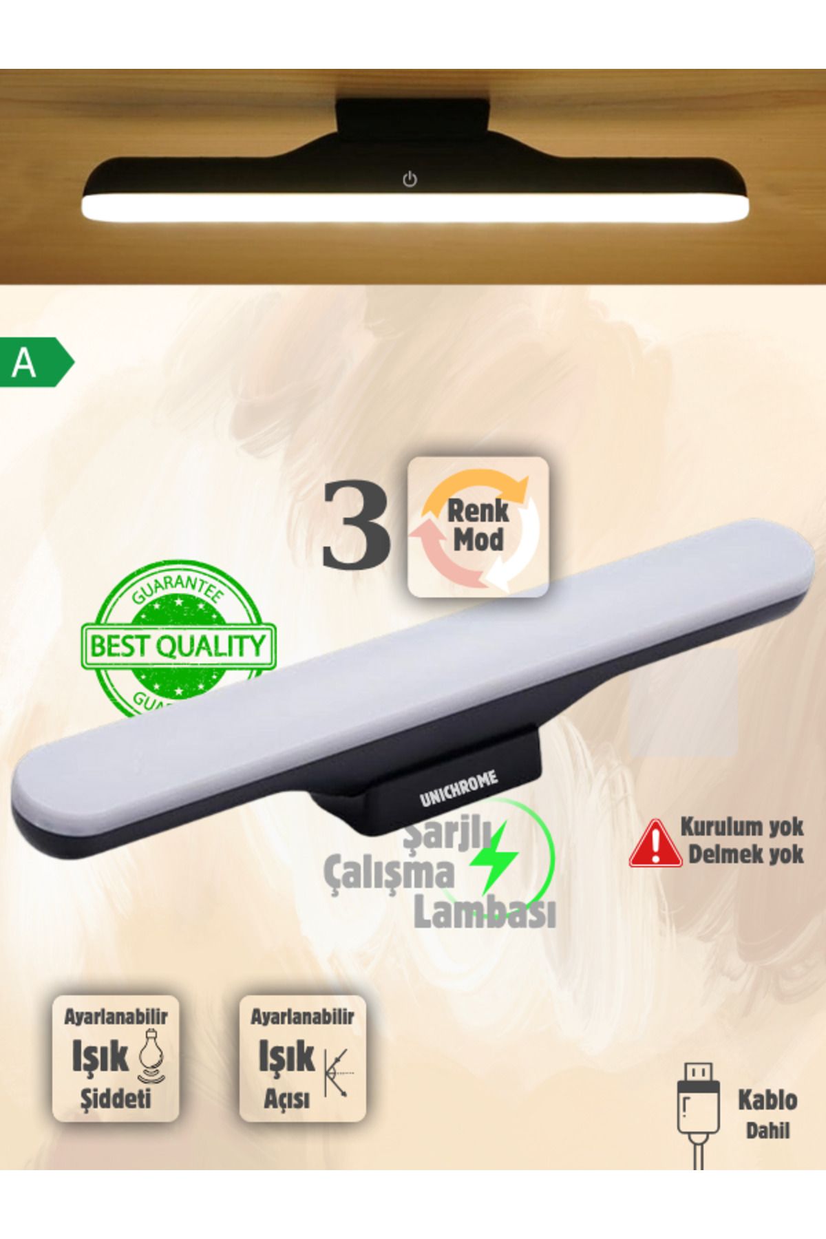 Hubstein Dokunmatik Şarjlı Led Işık Usb Şarjlı Kablosuz Mıknatıslı Led Lamba Siyah Kasa 3 Farklı Işık Rengi