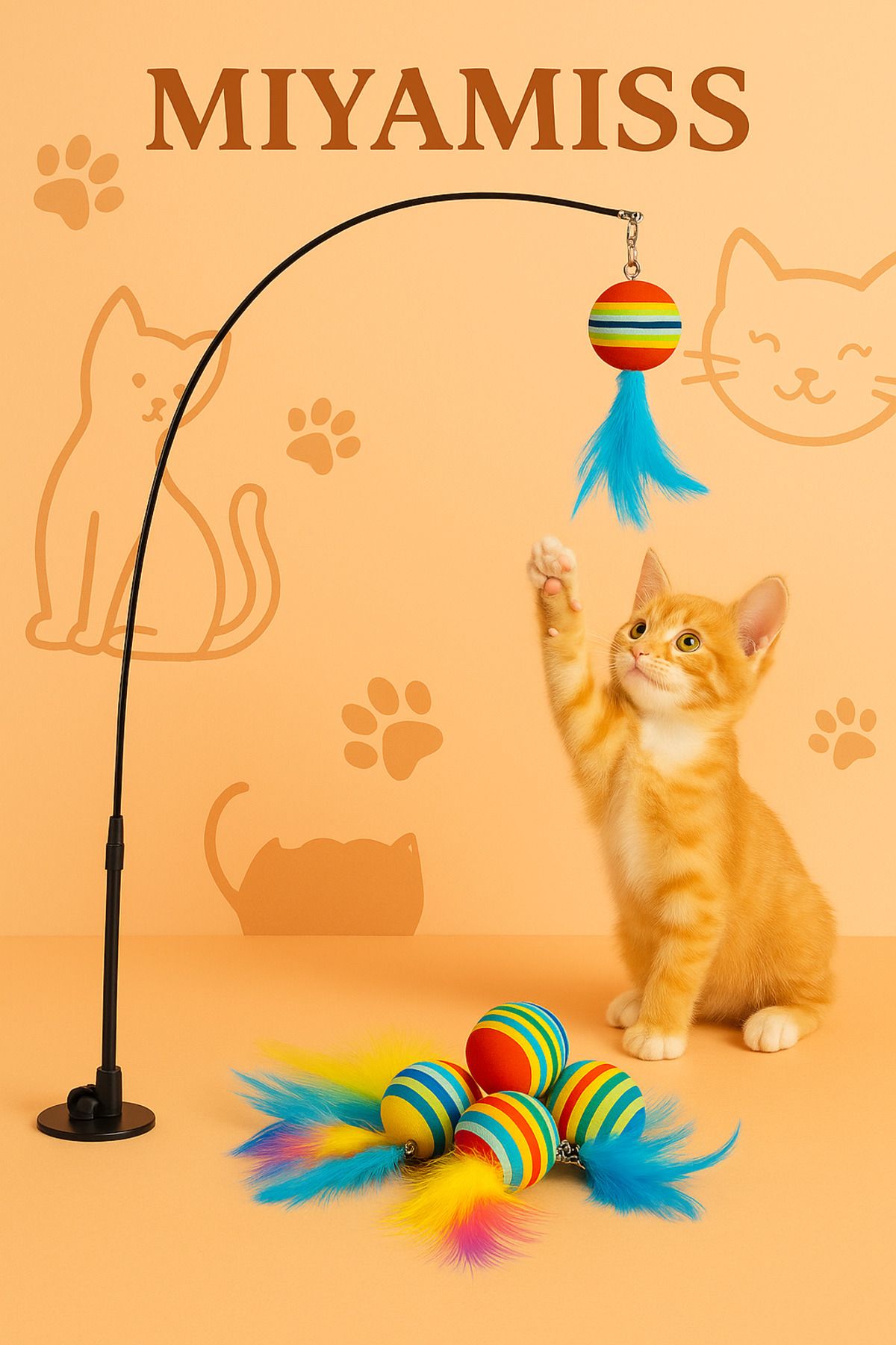 Miyamiss Vantuzlu Kedi Oltası Oyuncağı | Tüylü Top ile Eğlenceli ve Dayanıklı Kedi Oyuncağı