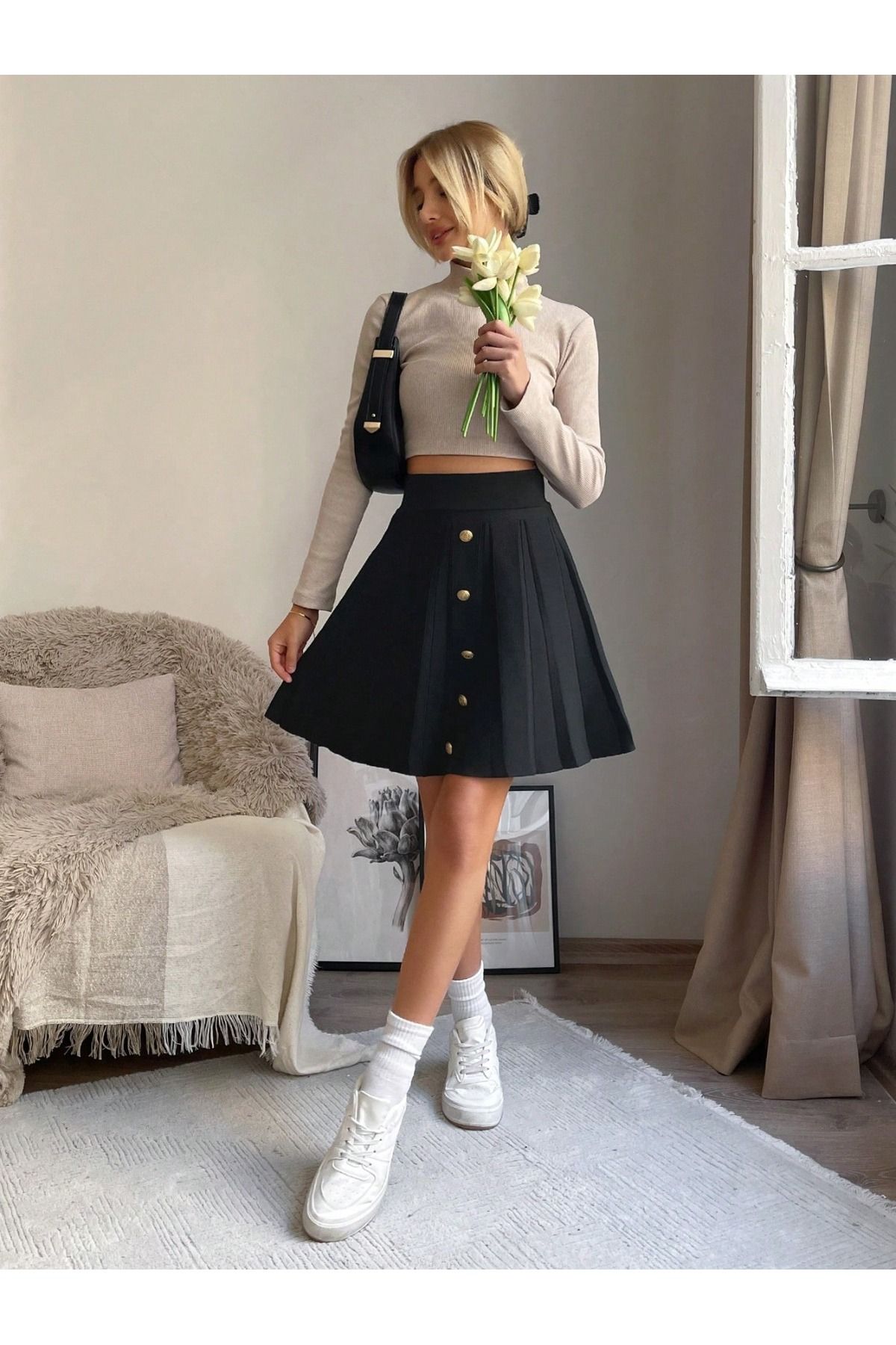 Abalı Yeni sezon triko pamuklu düğmeli etek. Alhawi, Lamis model
