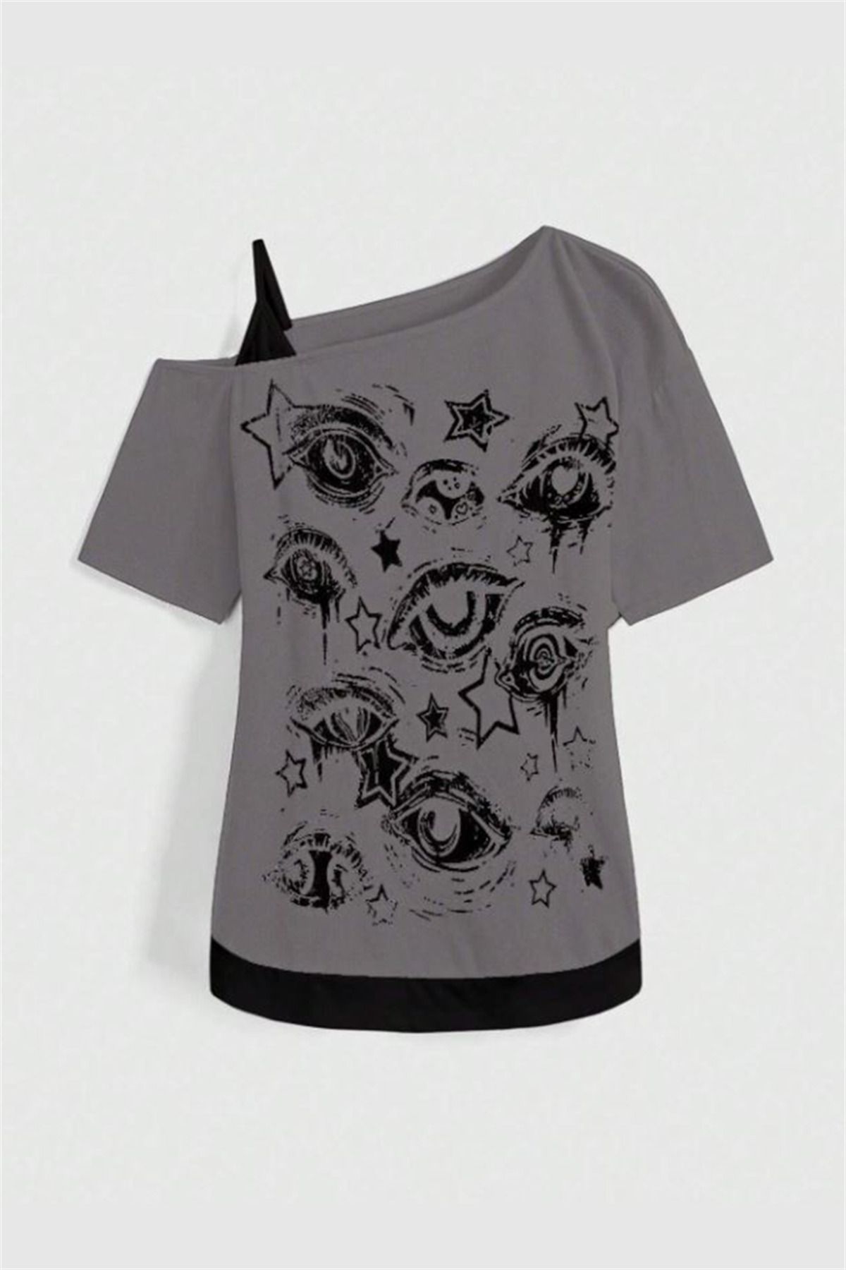 Karakedi Füme Gotik Eye Collage Ek Askılı Y2K Kısa Kollu Crop