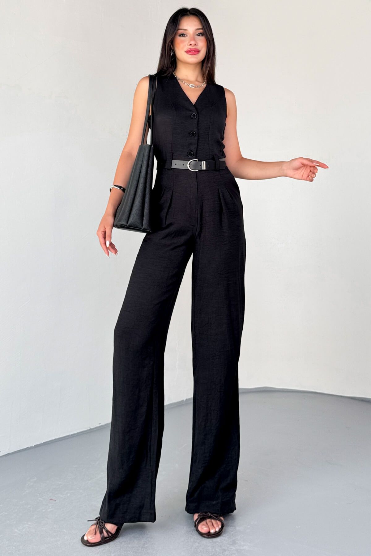 Cappmoda ELB-01806 Siyah Düğme Detaylı Keten Kemerli Yazlık Tulum