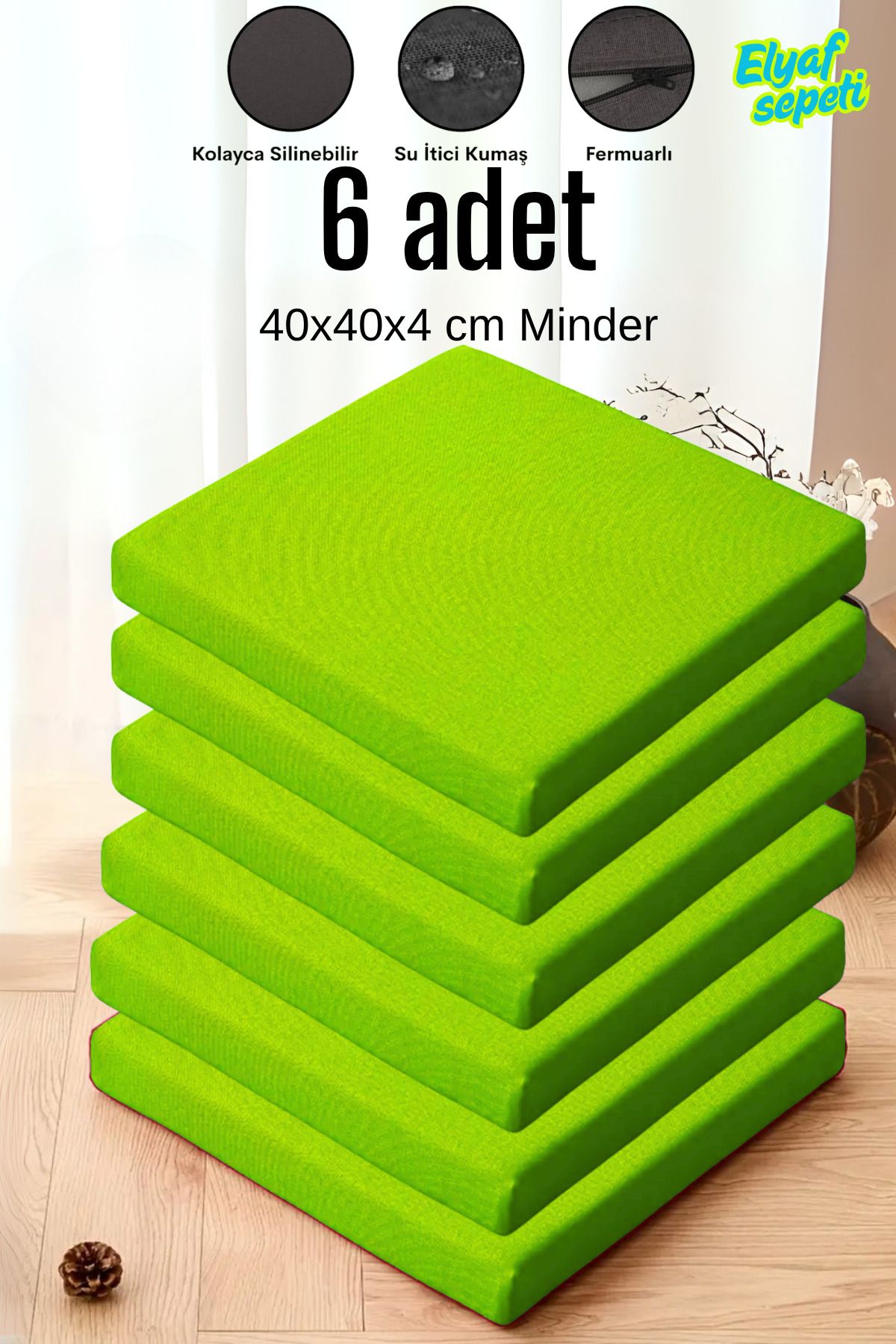 Elyaf Sepeti 6'lı Sandalye Minderi Fermuarlı Su Itici Kumaş 40x40x4 Cm Sünger Sandalye Minderi Fıstık Yeşili