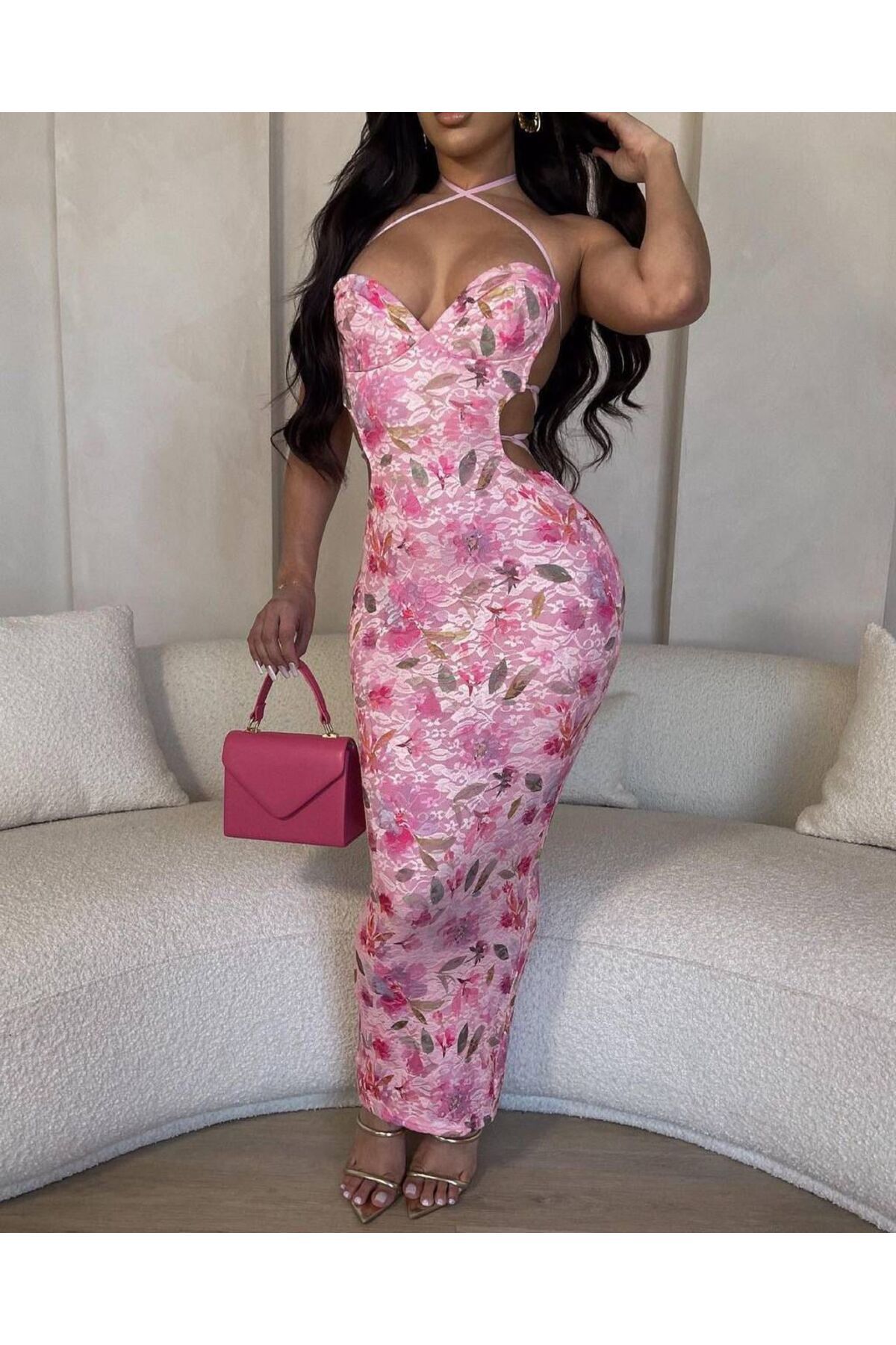 SU NİMAS COLLECTİON Pembe Çiçek Desenli Yırtmaçlı Dantel Elbise