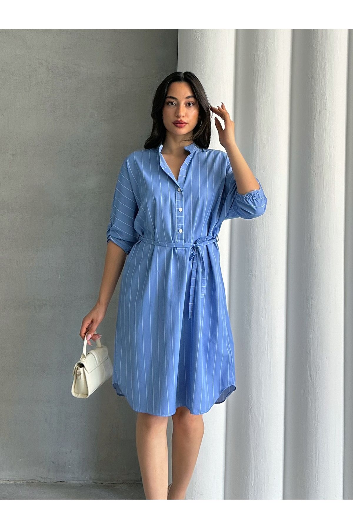 MD trend Kadın Çizgili Yarıdan Düğmeli Midi Boy Elbise