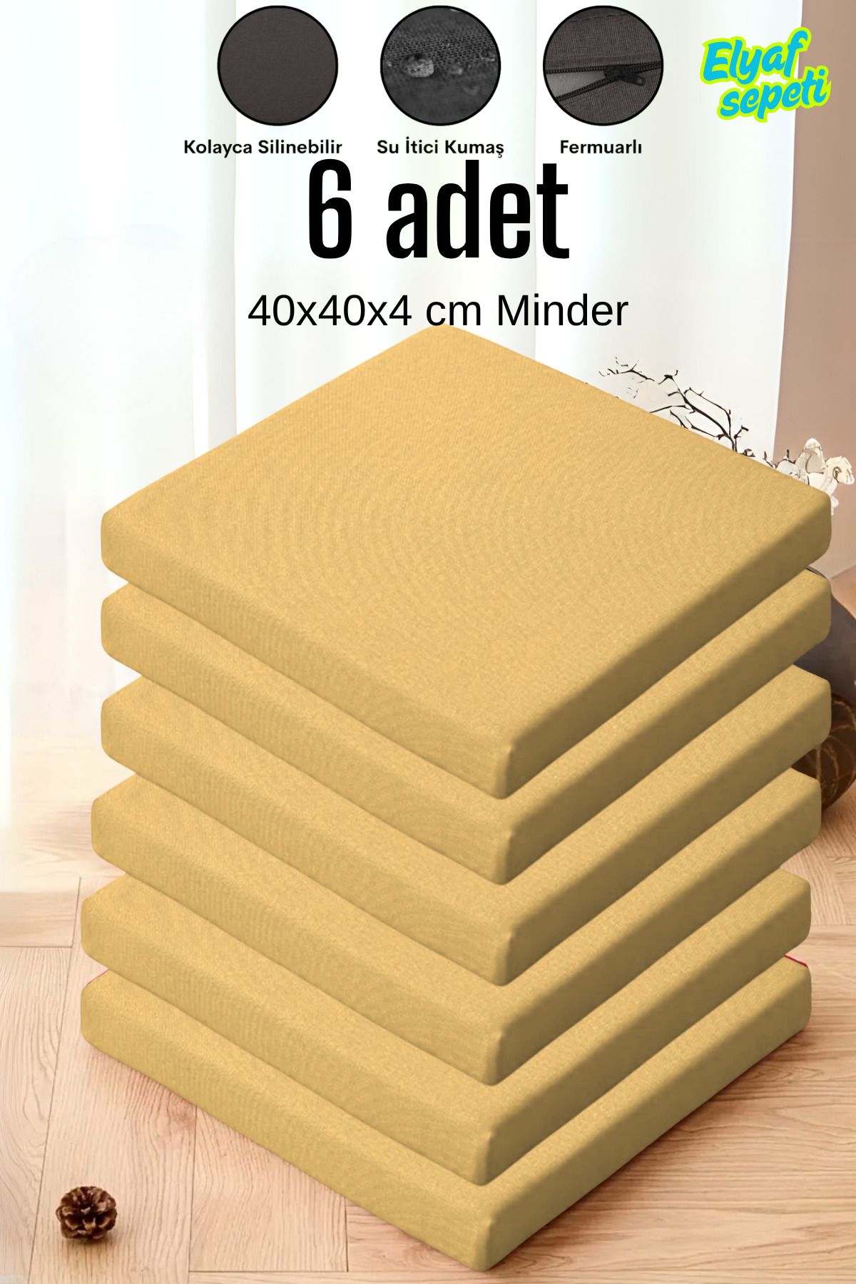 Elyaf Sepeti 6'lı Sandalye Minderi Fermuarlı Su Itici Kumaş 40x40x4 Cm Sünger Sandalye Minderi CAMEL