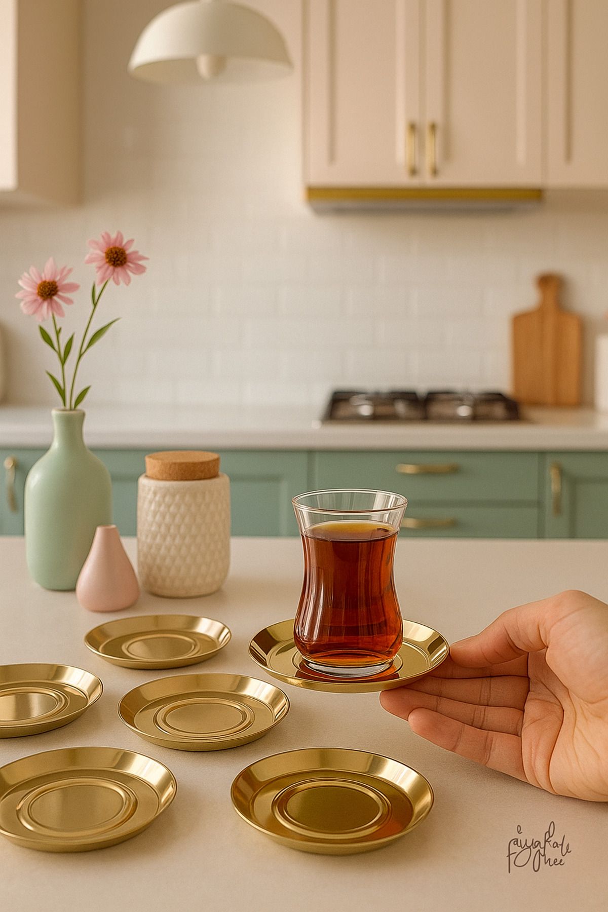 Fiyakalı Ürünler Atölyesi 6 Adet Paslanmaz Çelik Gold Renk Çay Tabağı seti,Bardak Altlığı,Şık,Sunum,Davet,Misafir Sunum