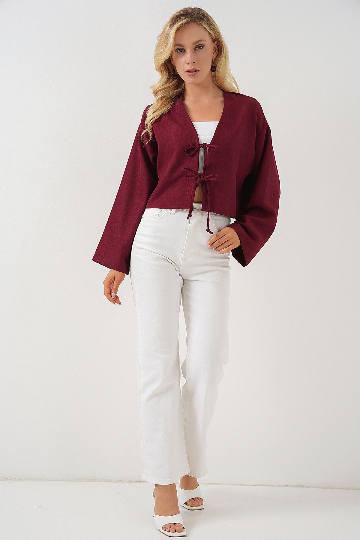 Bigdart-Linen Kimono with Tie Front 960 - Claret Red 2
