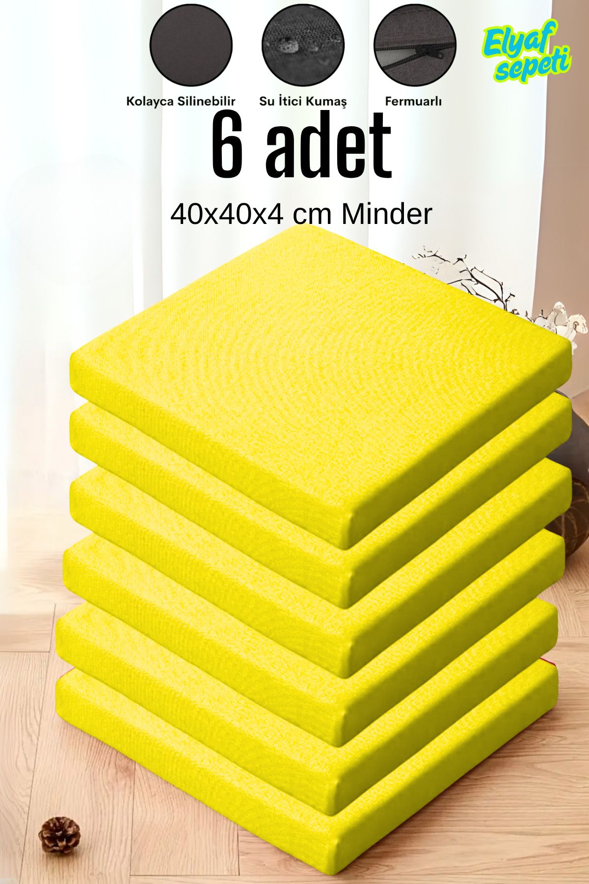 Elyaf Sepeti 6'lı Sandalye Minderi Fermuarlı Su Itici Kumaş 40x40x4 Cm Sünger Sandalye Minderi SARI